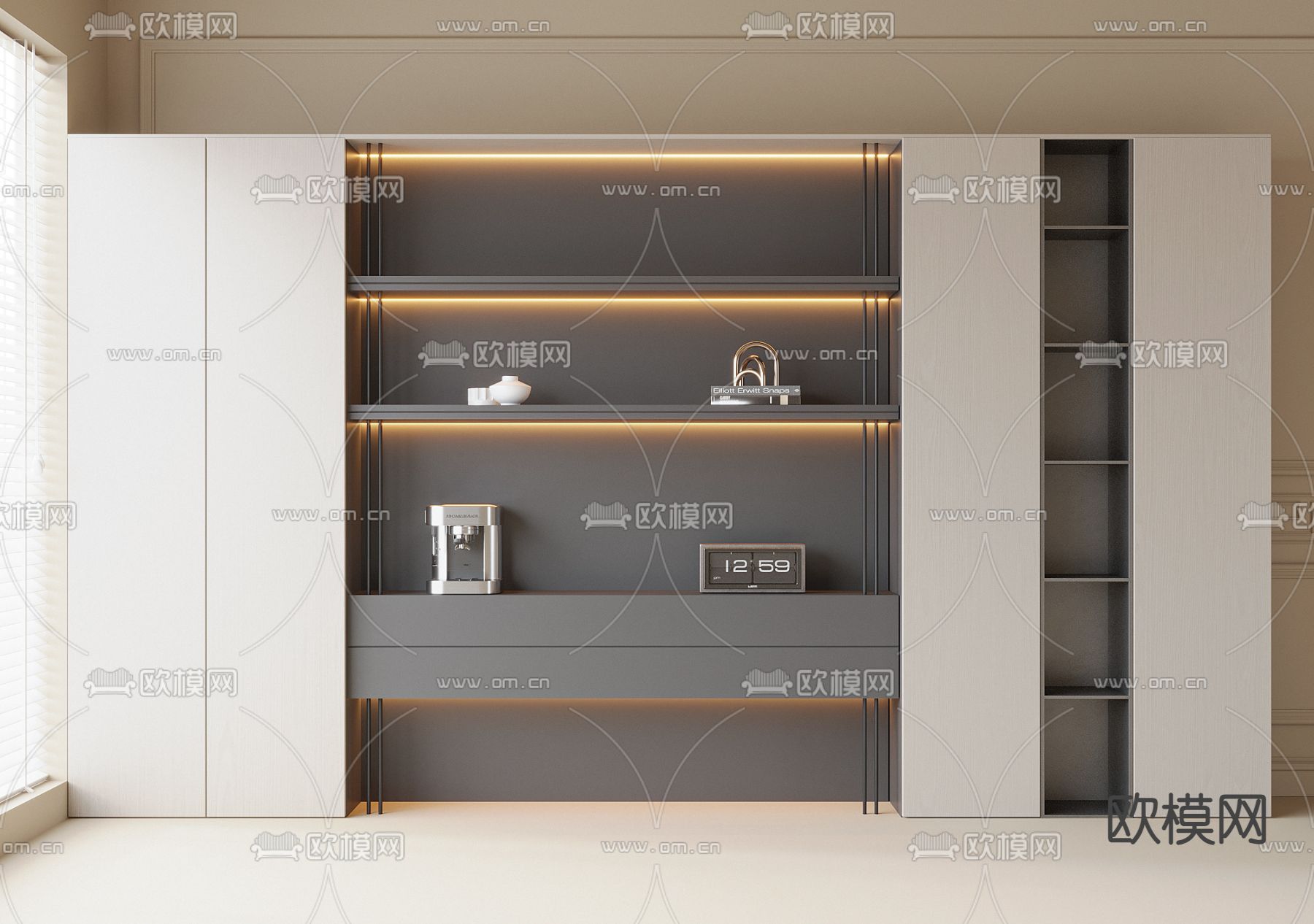 奶油风书柜 整墙柜3d模型下载