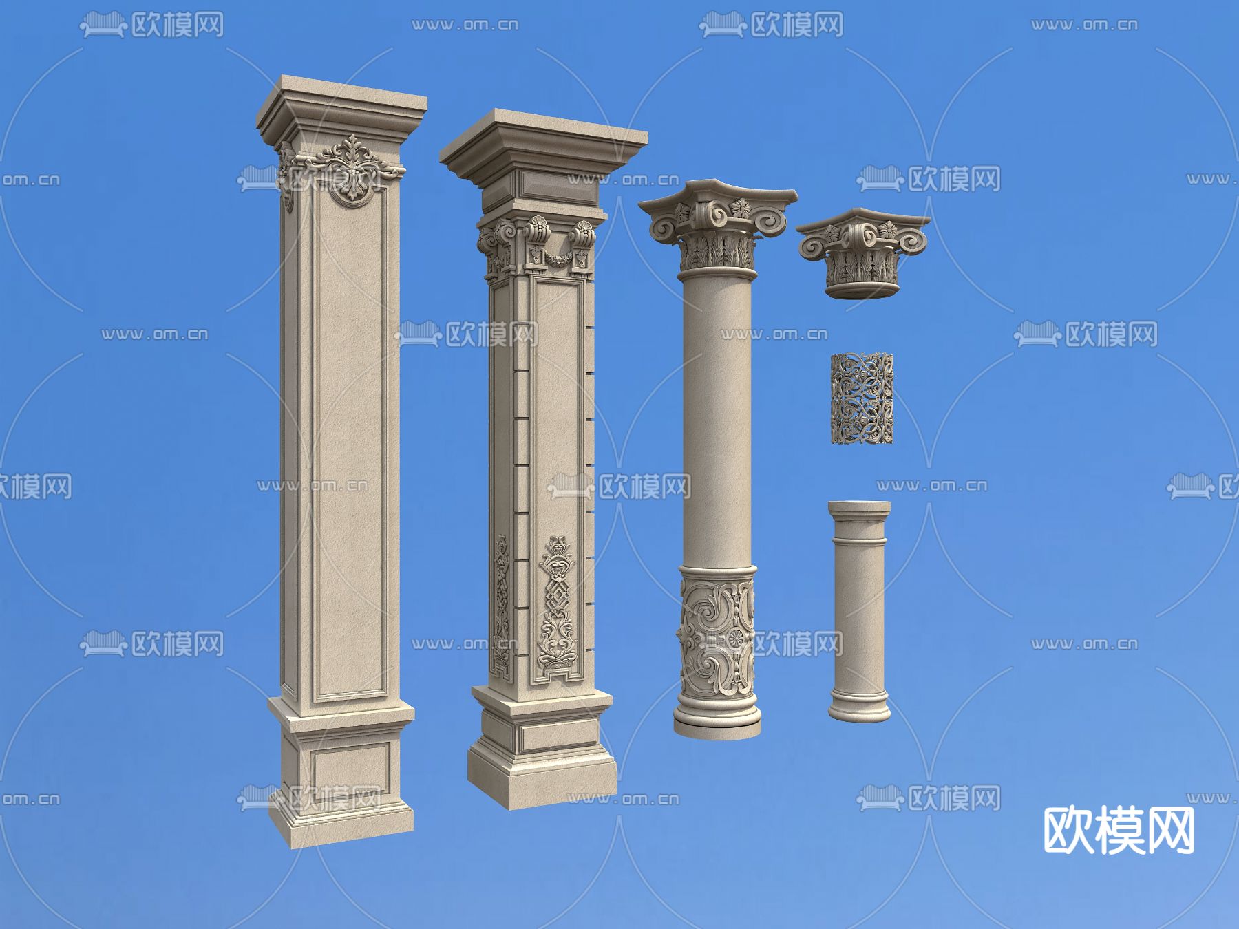 欧式柱头 柱子 方柱 圆柱 雕花柱3d模型下载（渲染图2）