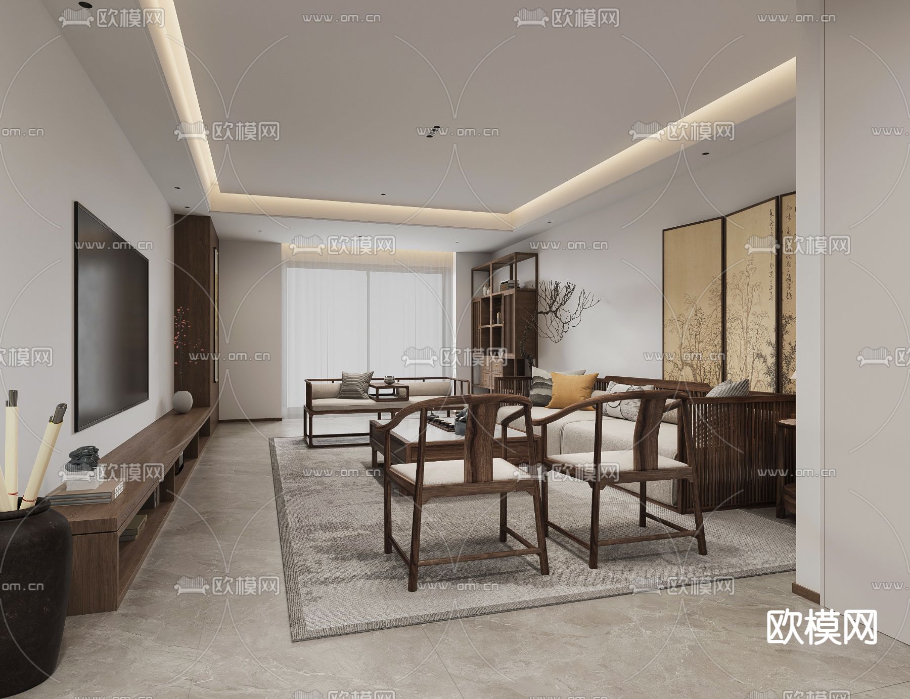 中式客厅3d模型下载_ID15280157_3dmax免费模型-欧模网