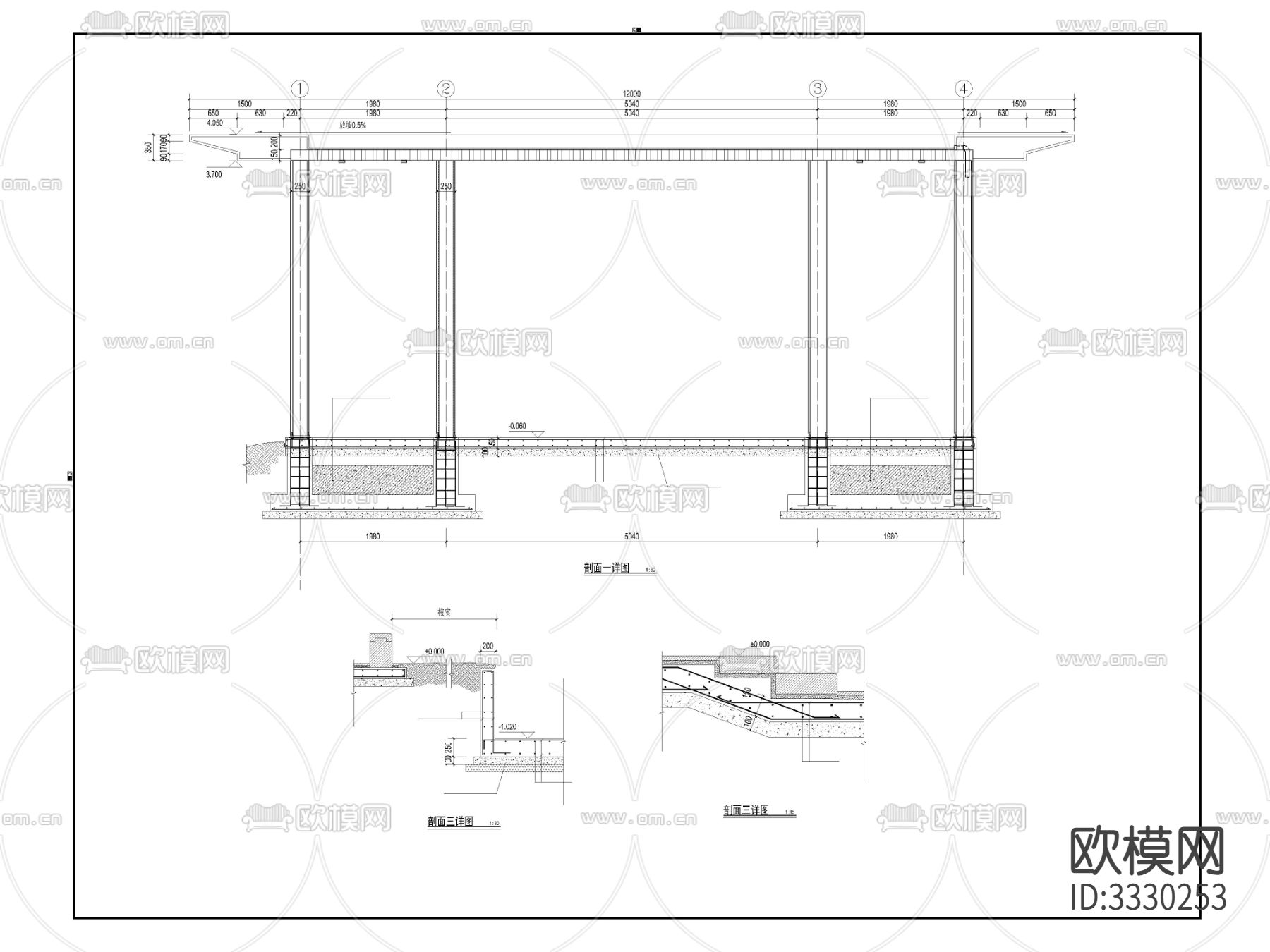 亭结构施工图 剖面图 节点大样图下载（渲染图2）