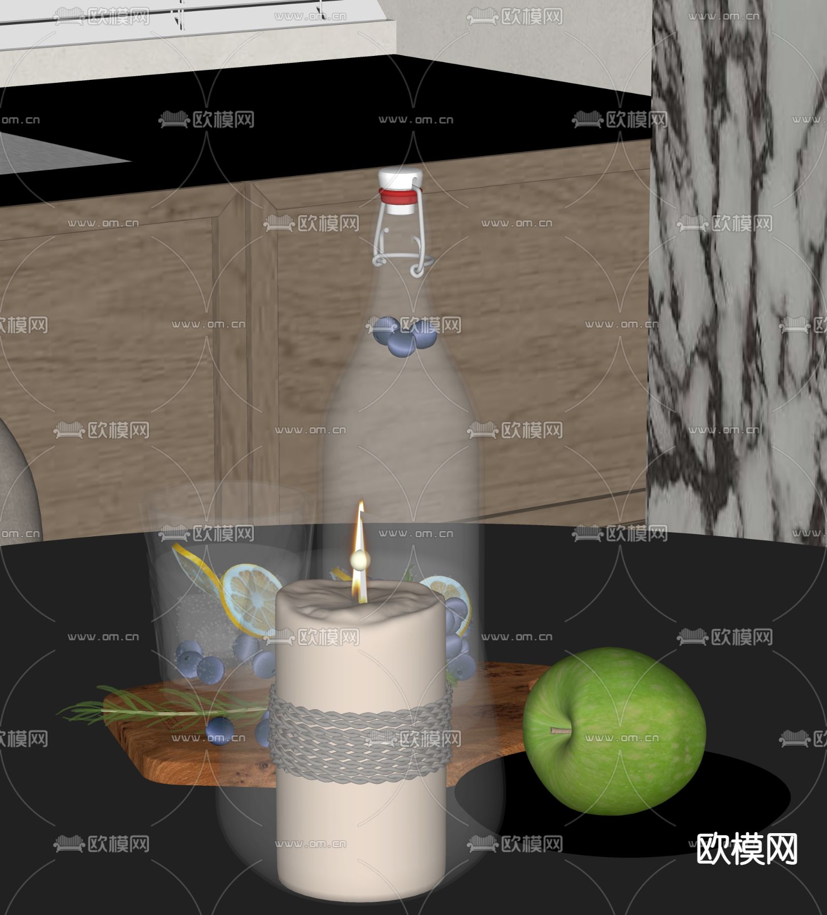 蜡烛 水果 苹果 玻璃瓶 摆件su模型下载（渲染图1）