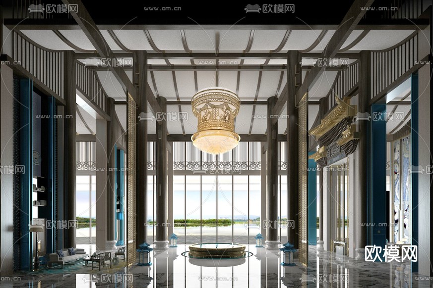 新中式酒店大堂3d模型下载_ID15283730_3dmax免费模型-欧模网