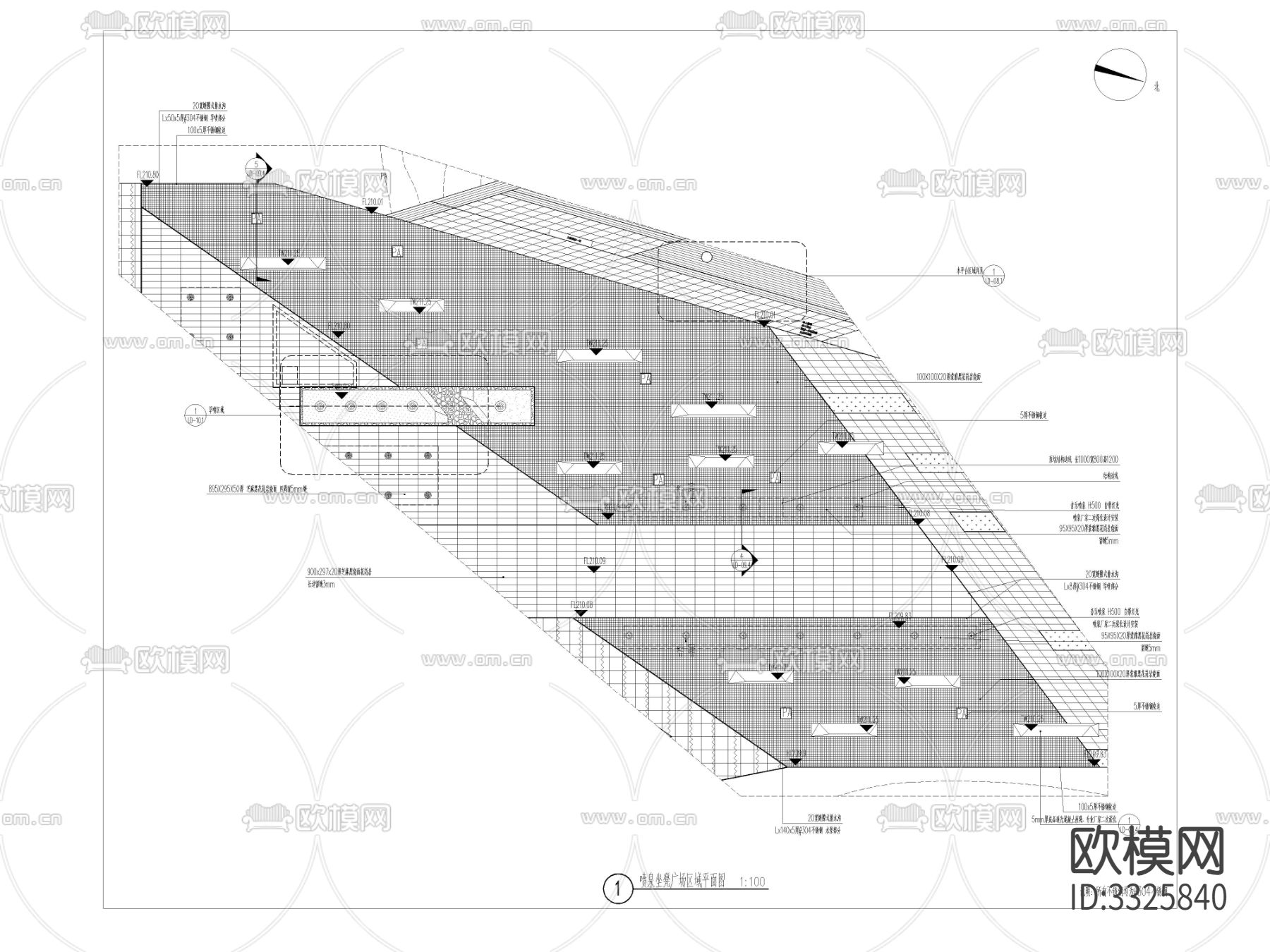 喷泉坐凳广场区域平面立面cad施工图下载（渲染图1）