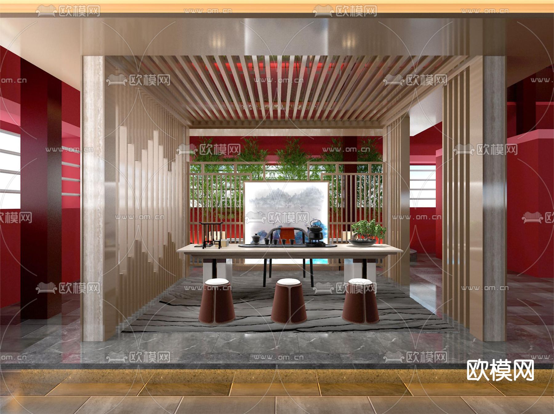 新中式茶楼 茶馆3d模型下载（渲染图2）