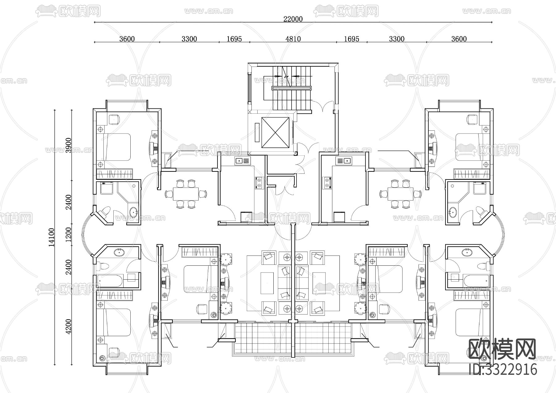 317m²公寓住宅cad平面图下载