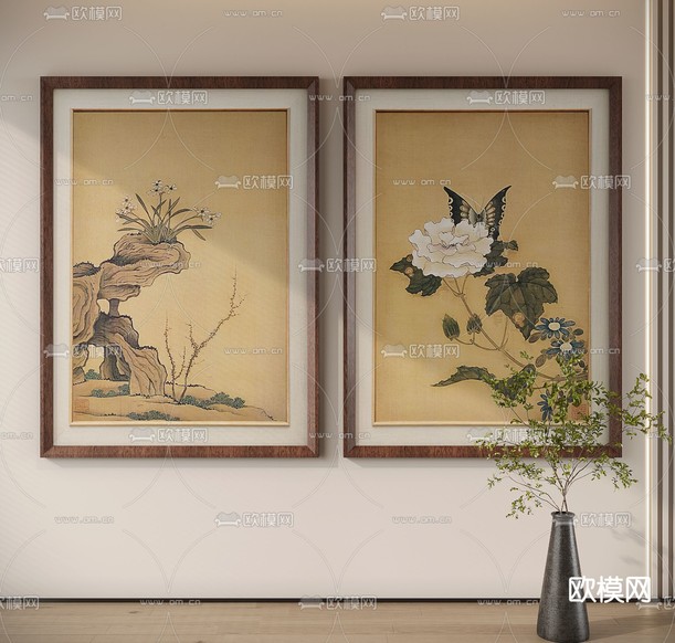 新中式水墨画 花卉画 装饰画3d模型下载