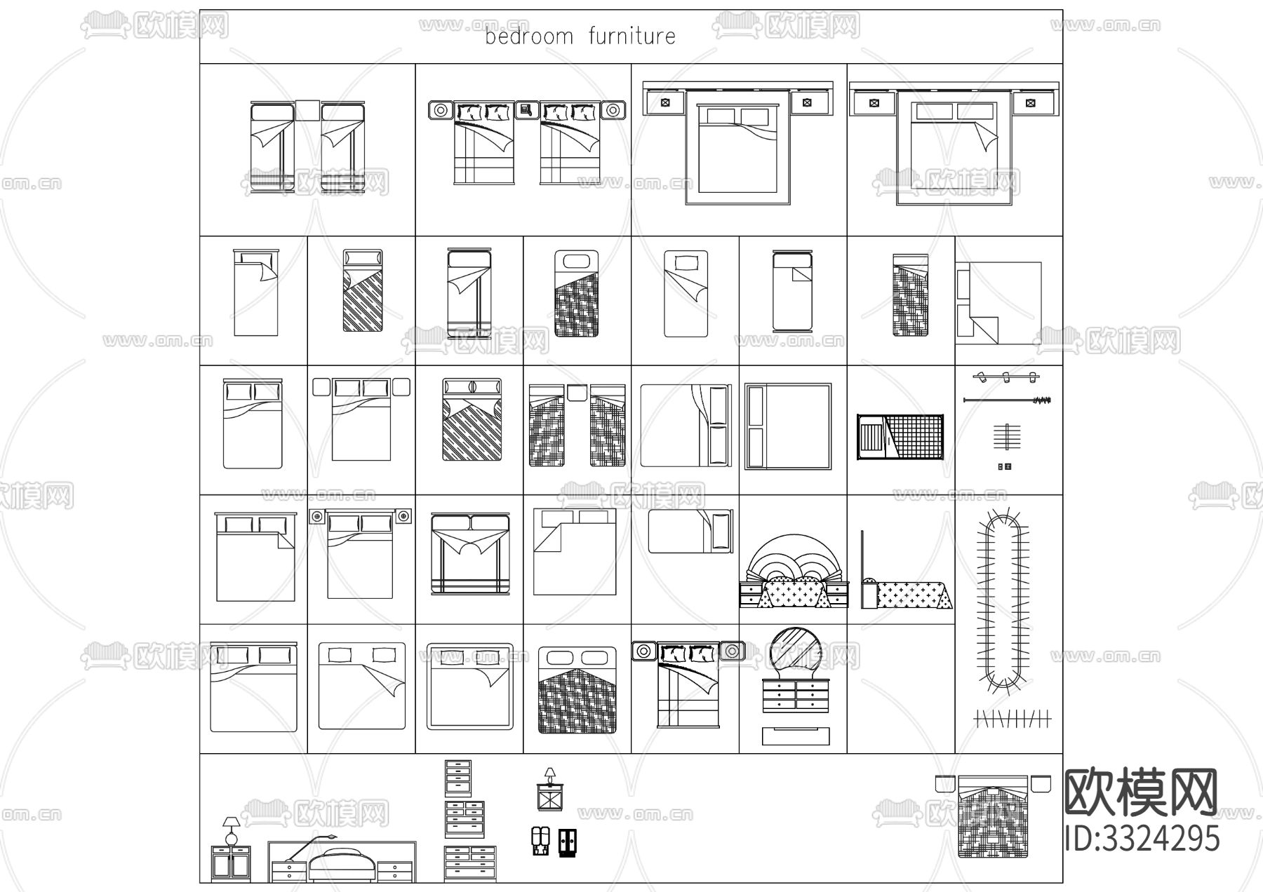 各类标准尺寸卧室床具合集cad图库下载