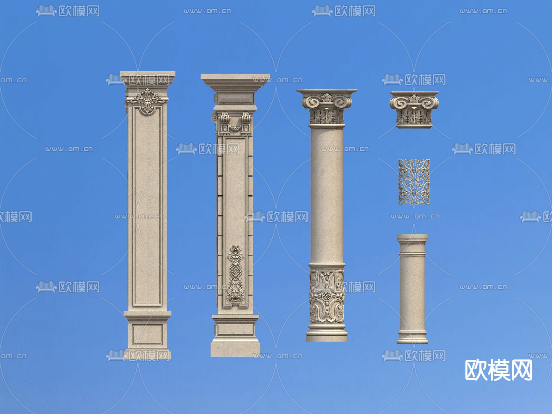 欧式柱头 柱子 方柱 圆柱 雕花柱3d模型下载（渲染图1）