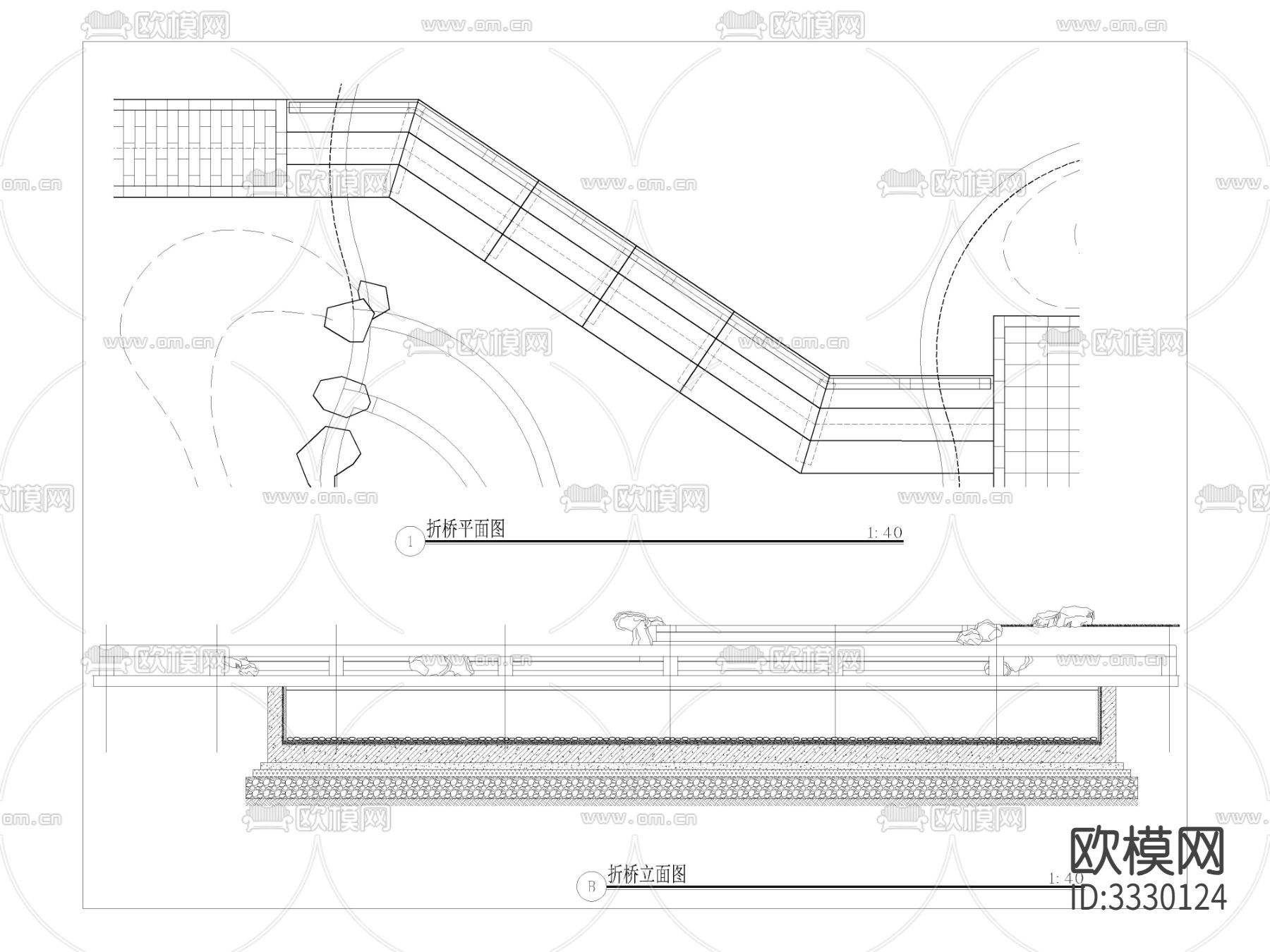 石桥折桥立面剖面图 节点大样图下载（渲染图1）