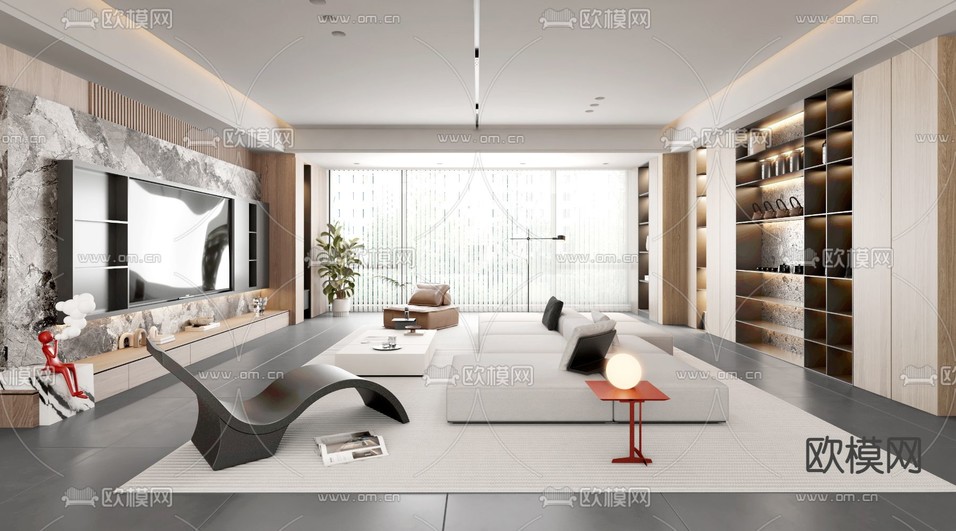 现代客厅su模型下载(渲染图2)
