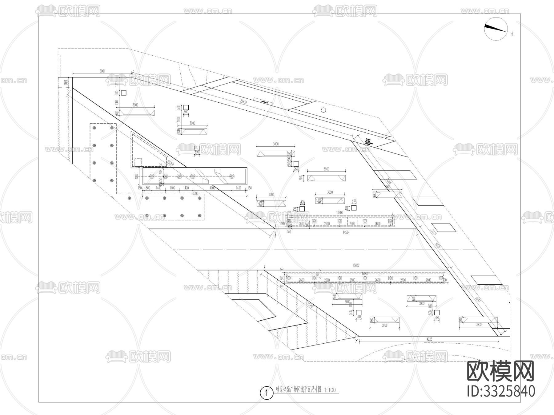 喷泉坐凳广场区域平面立面cad施工图下载（渲染图2）