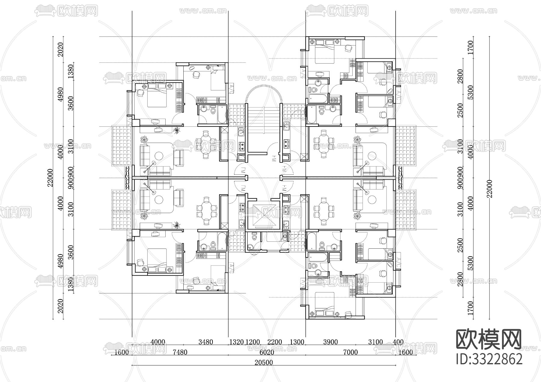 358m²公寓住宅cad平面图下载