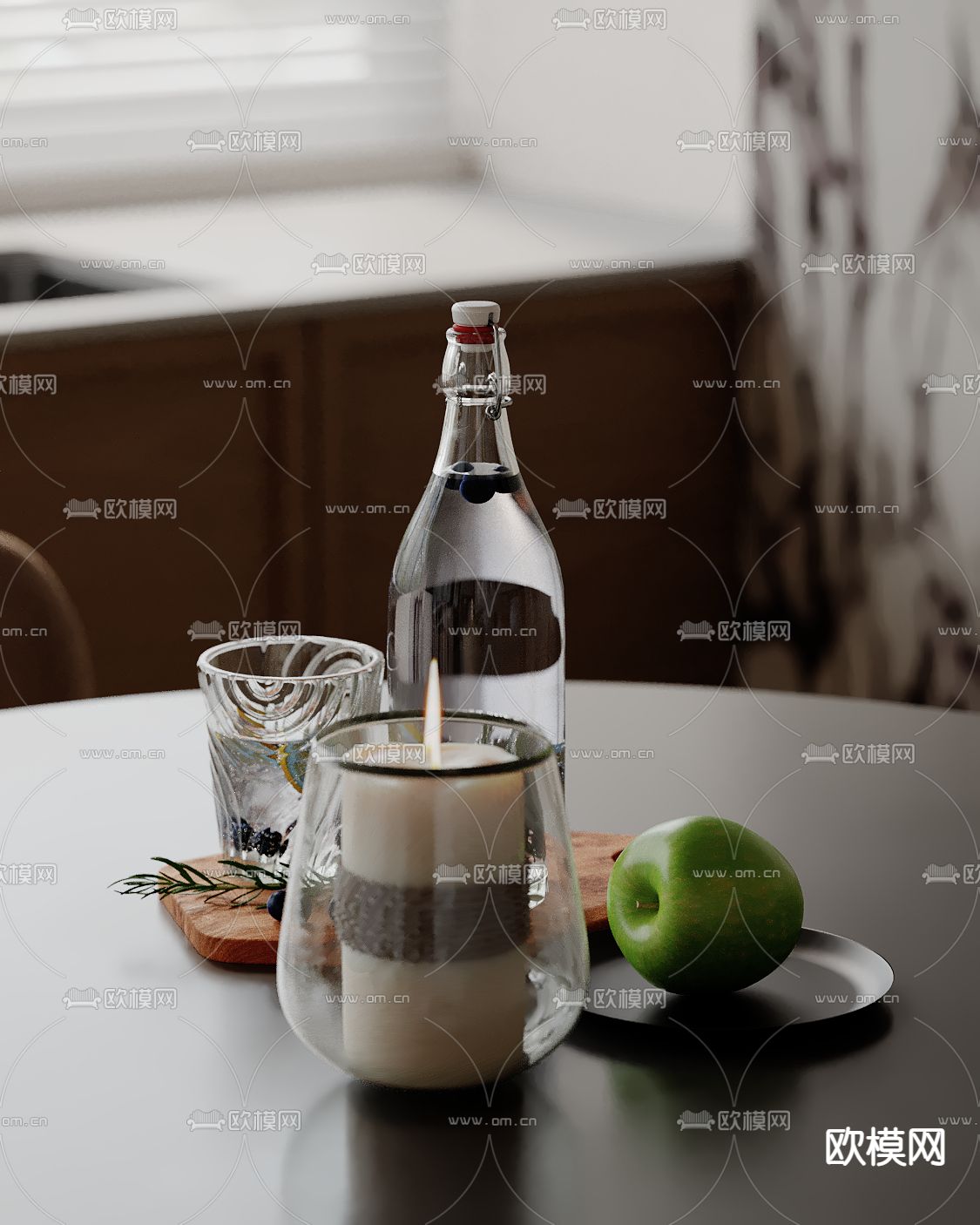 蜡烛 水果 苹果 玻璃瓶 摆件su模型下载（渲染图2）