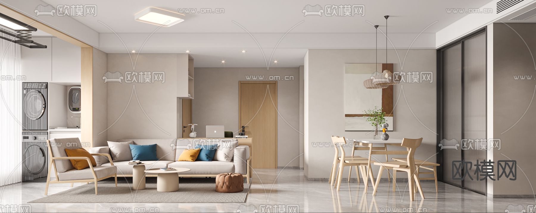 北欧客餐厅  木质餐桌椅3d模型下载（渲染图2）