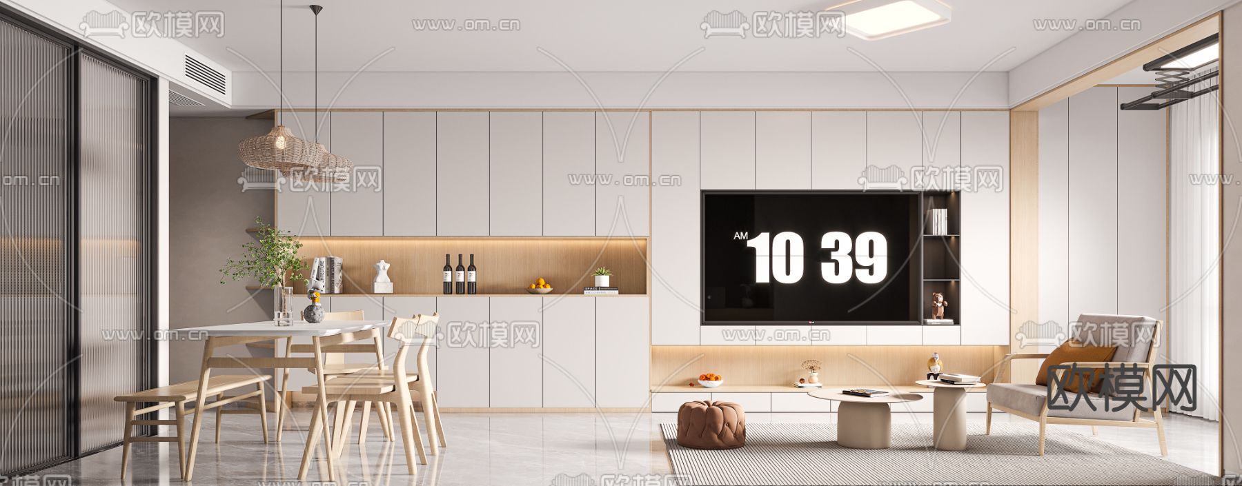 北欧客餐厅  木质餐桌椅3d模型下载（渲染图1）