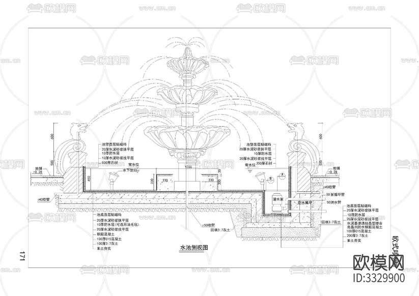 歐式噴泉cad施工圖下載(渲染圖2)