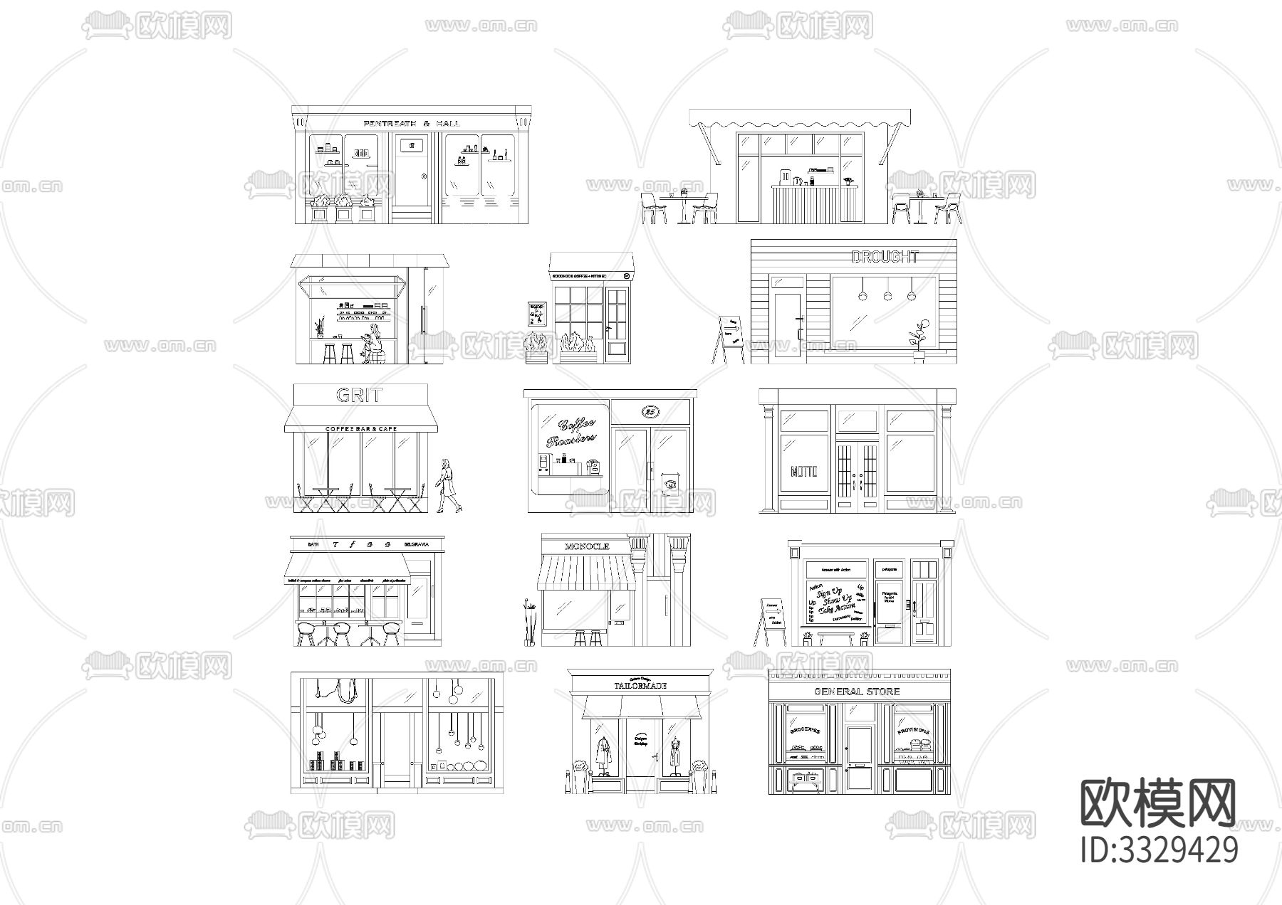 咖啡厅商店门头CAD立面图下载