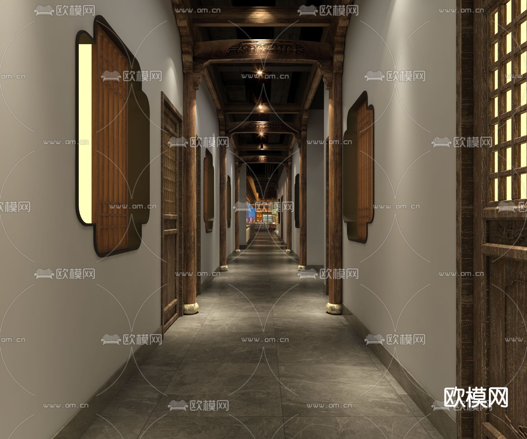 中餐厅走廊 过道3d模型下载（渲染图2）