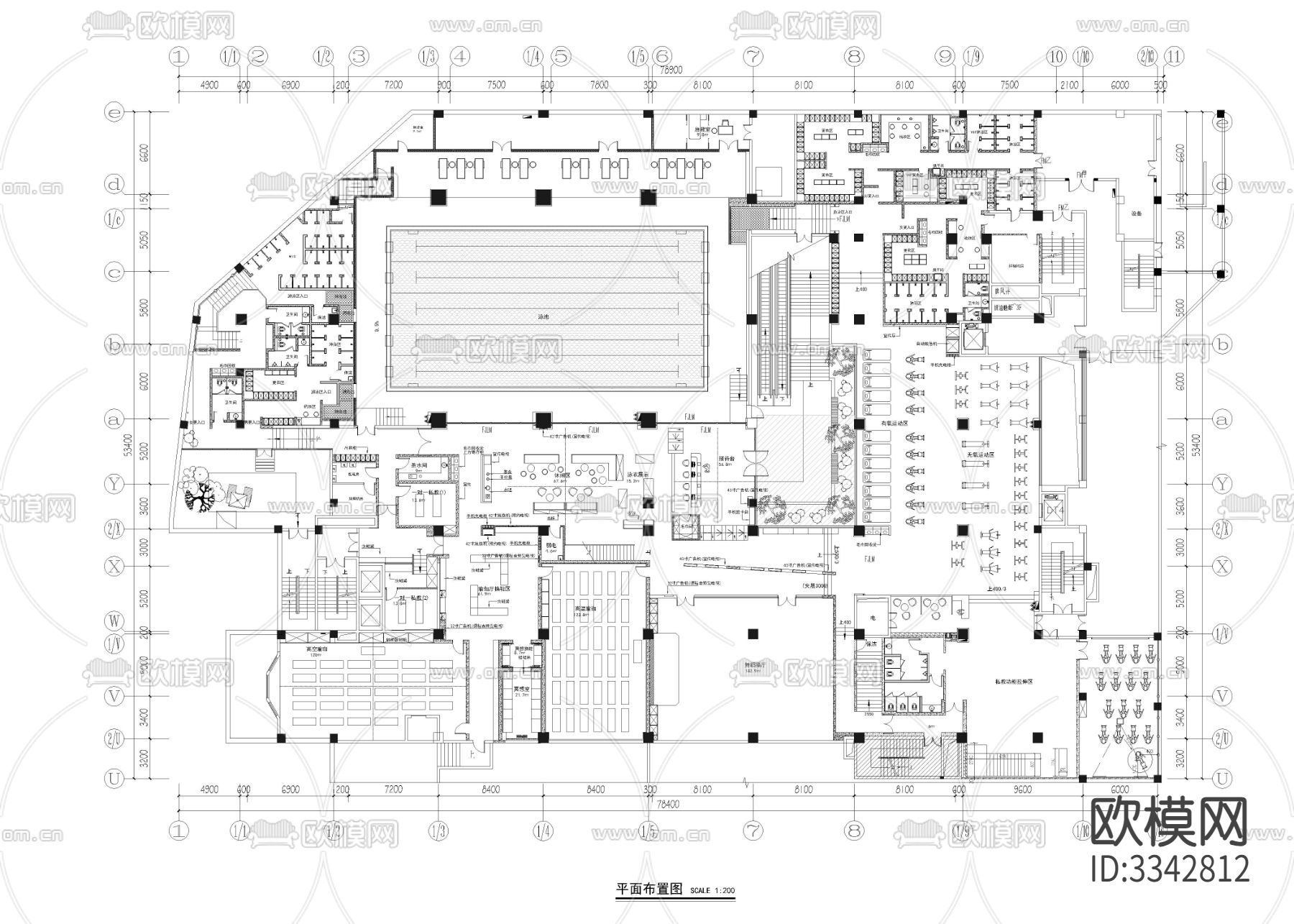 3890㎡健身房 健身中心cad施工图下载（渲染图1）