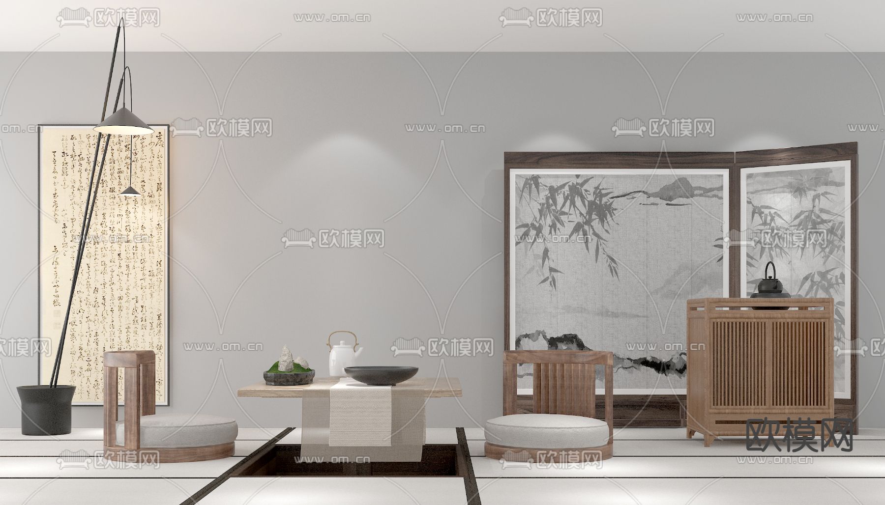 新中式茶桌椅免费3d模型下载