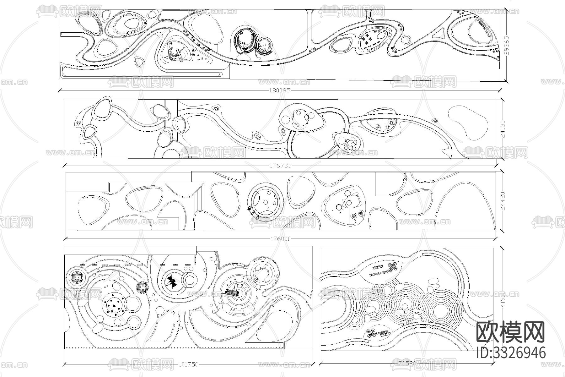 现代线性带状口袋公园街头绿地小游园休闲广场布局方案cad施工图下载（渲染图2）