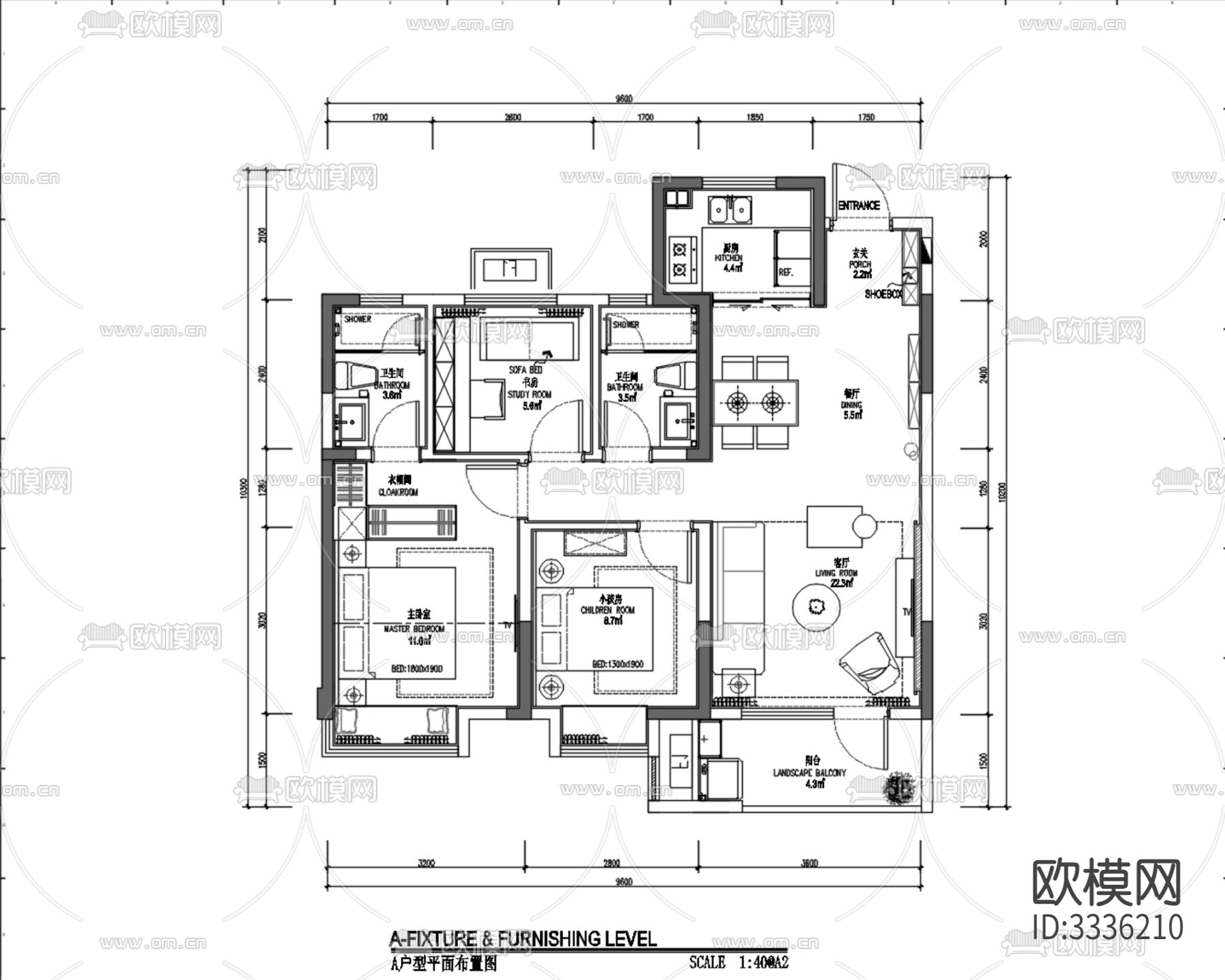 矩阵纵横-青岛天一仁和样板房A户型+效果图cad施工图下载（渲染图6）