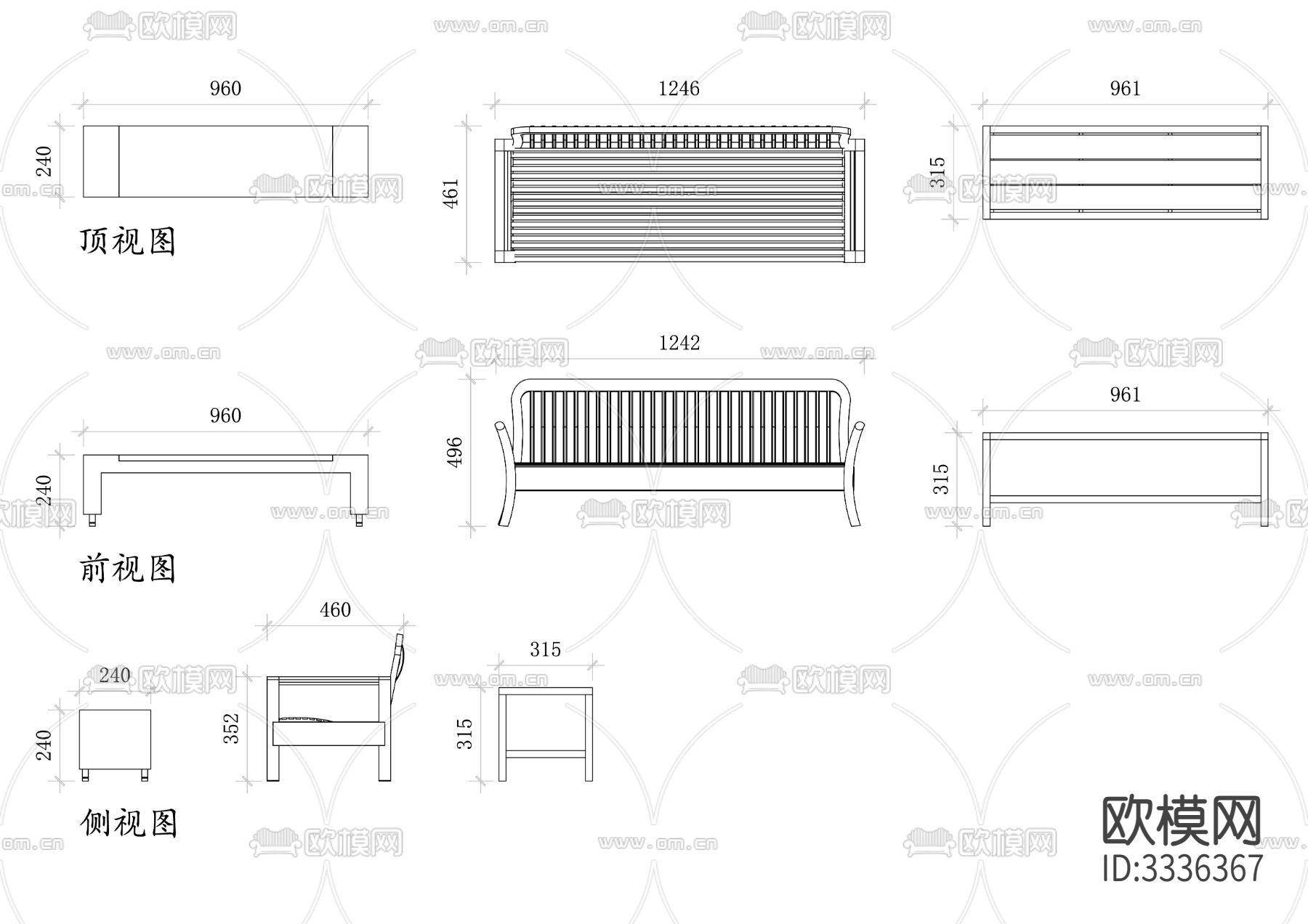 木质家居长椅三视图cad大样图下载