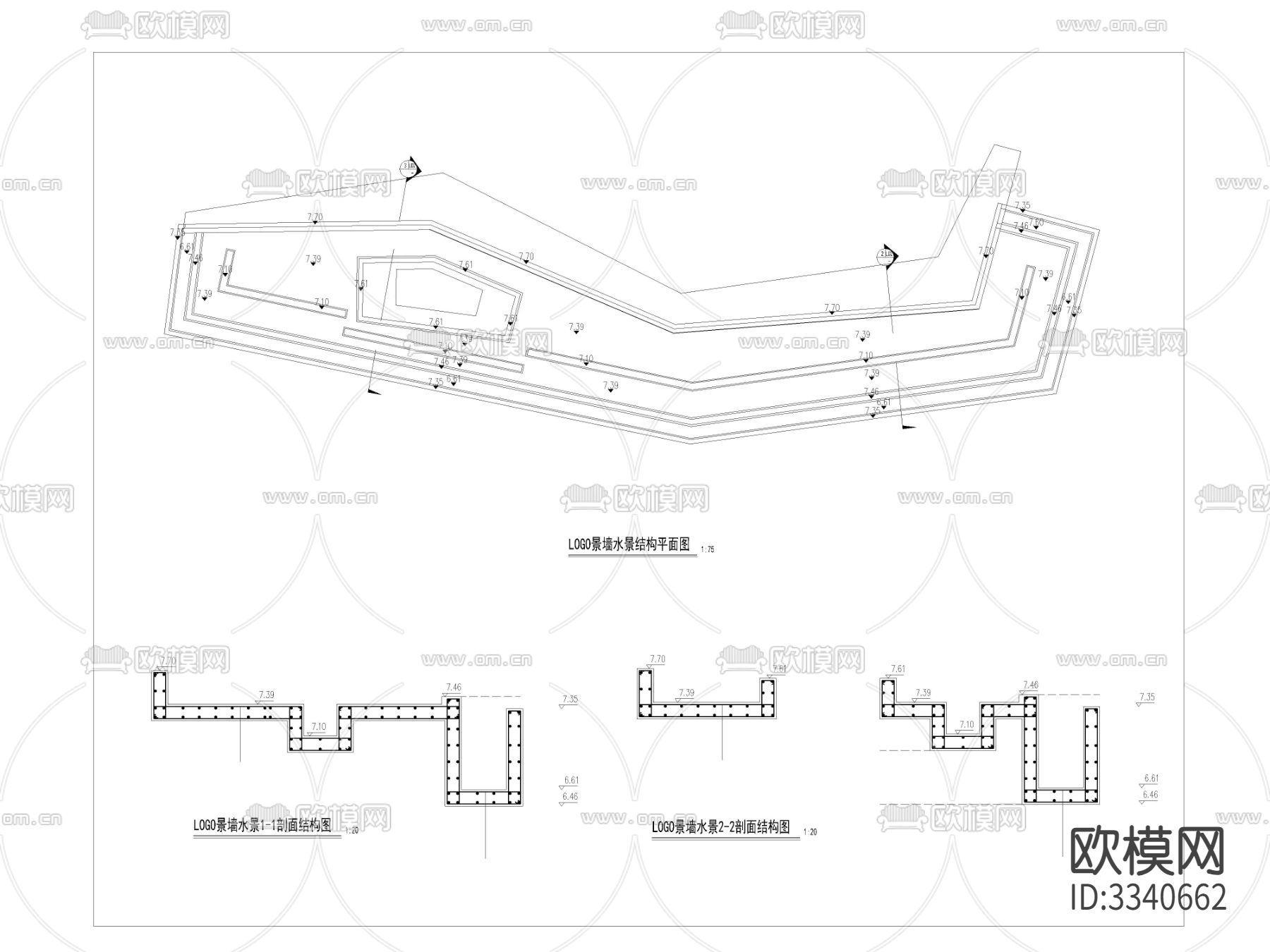 景墙水景 平面剖面图 节点大样图下载（渲染图4）