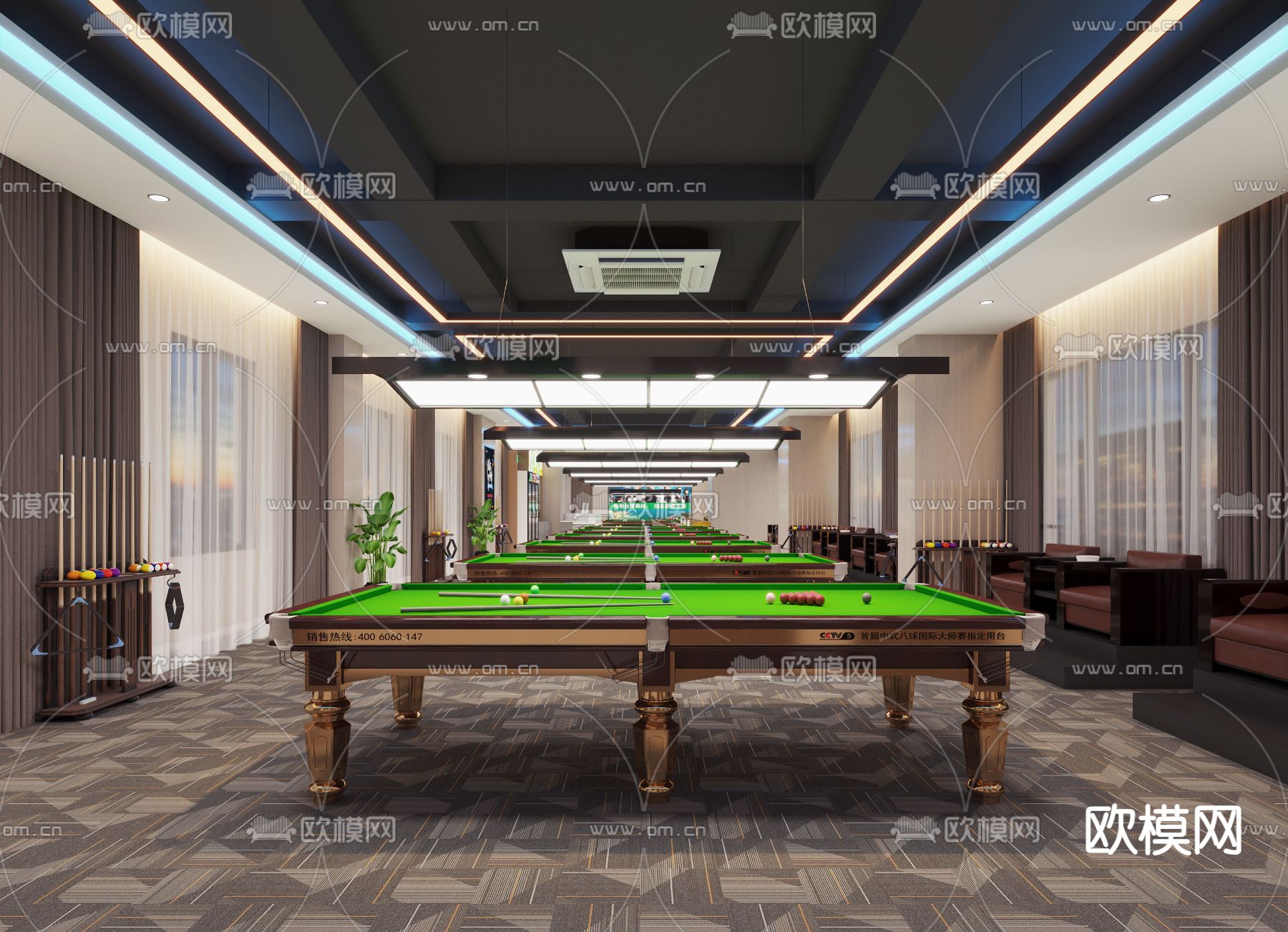 轻奢台球室 桌球馆3d模型下载（渲染图1）