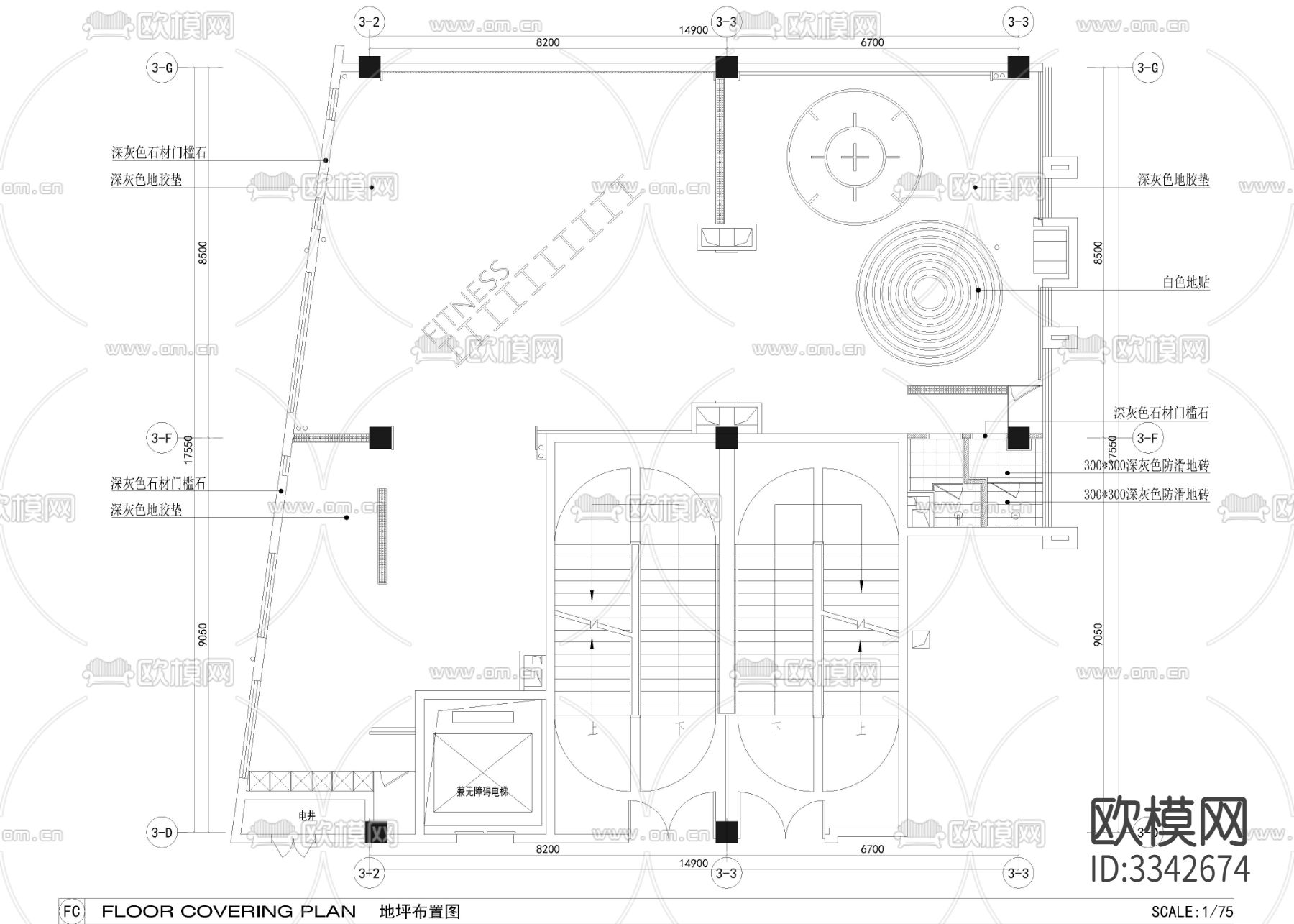300㎡健身房 健身私教cad施工图下载（渲染图1）