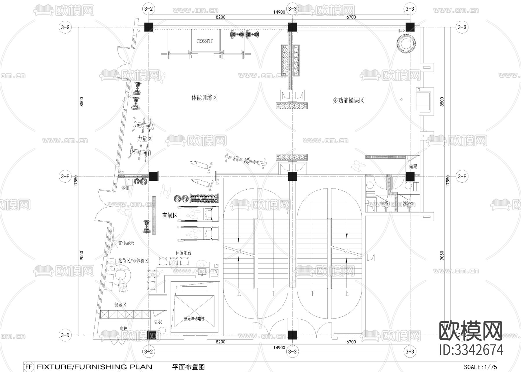300㎡健身房 健身私教cad施工图下载（渲染图3）