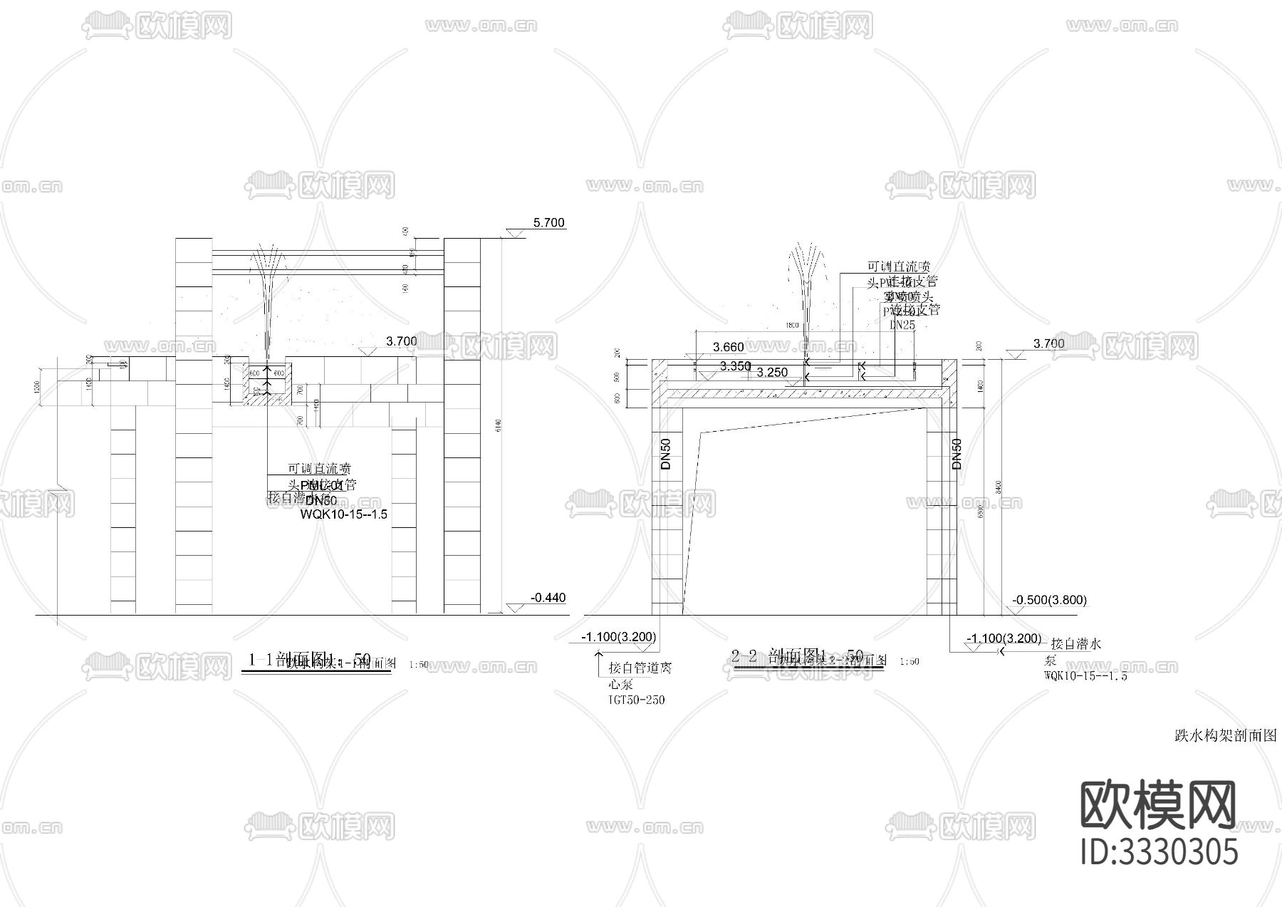 某处跌水构架及喷泉水cad施工图下载（渲染图3）