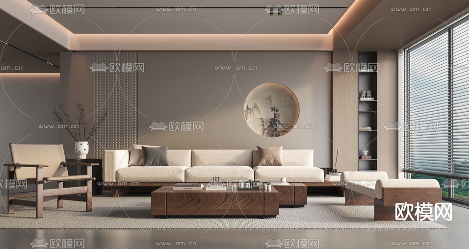 新中式客厅3d模型下载
