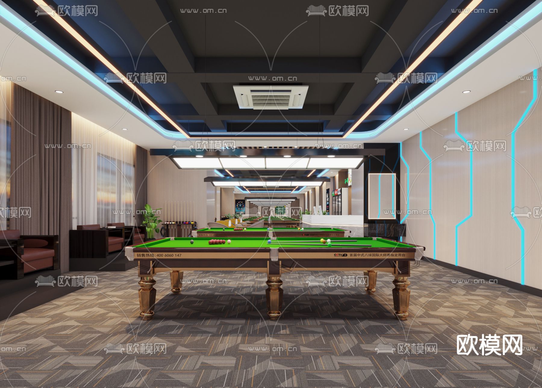 轻奢台球室 桌球馆3d模型下载（渲染图2）