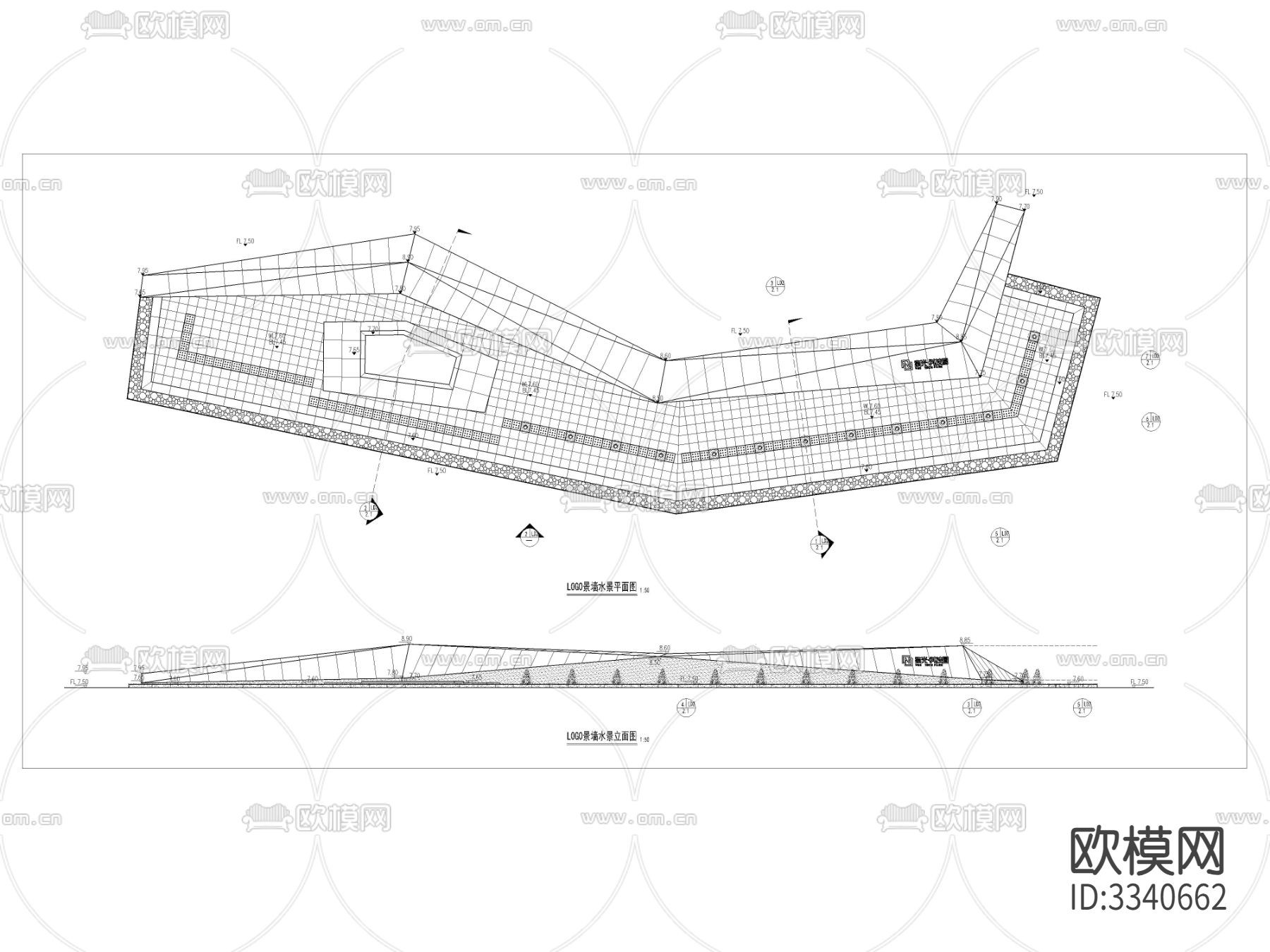 景墙水景 平面剖面图 节点大样图下载（渲染图1）