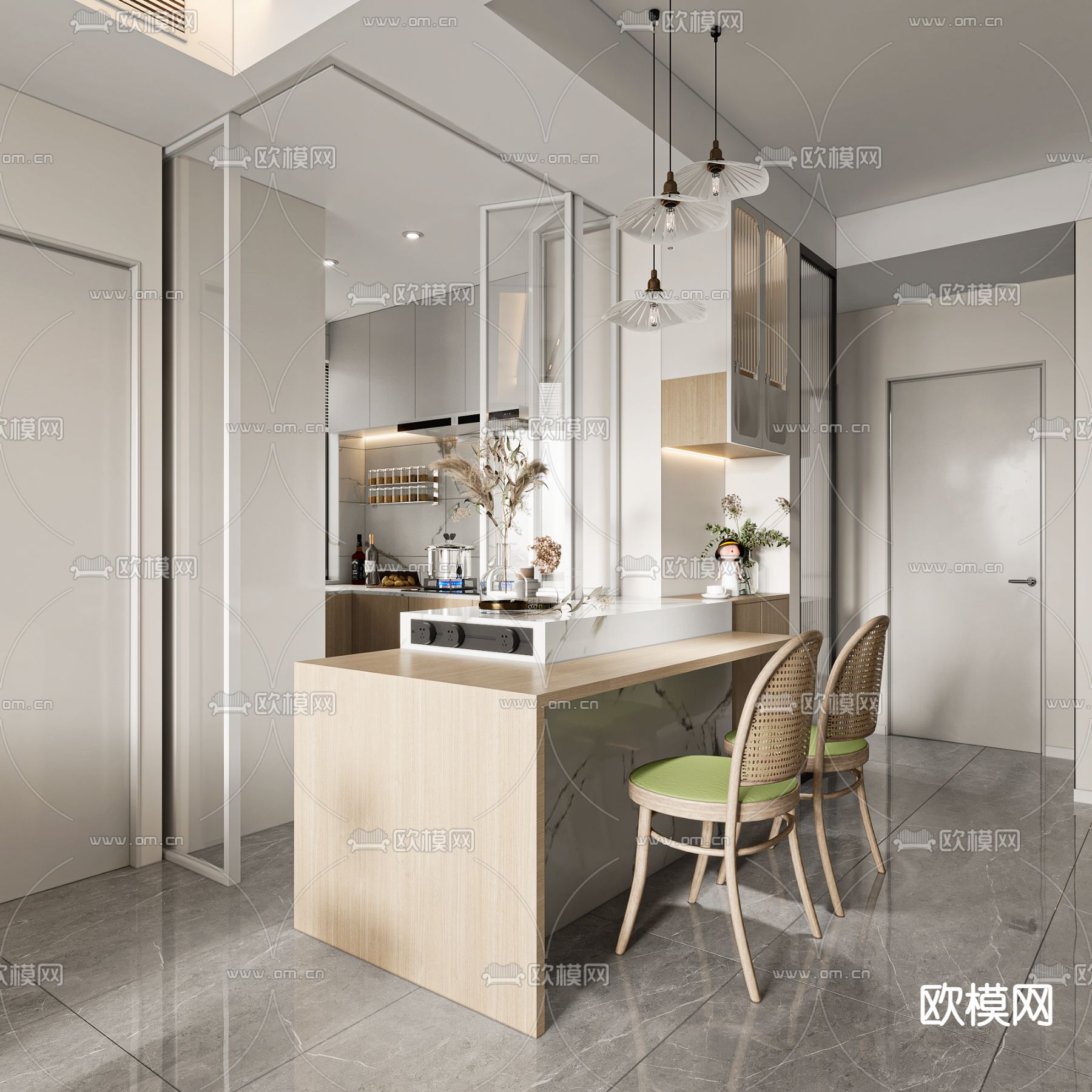 现代开放式厨房 橱柜3d模型下载