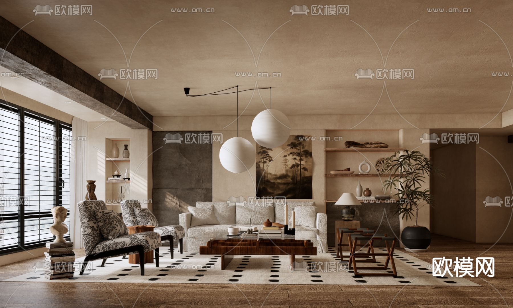 中古风客厅su模型下载（渲染图2）
