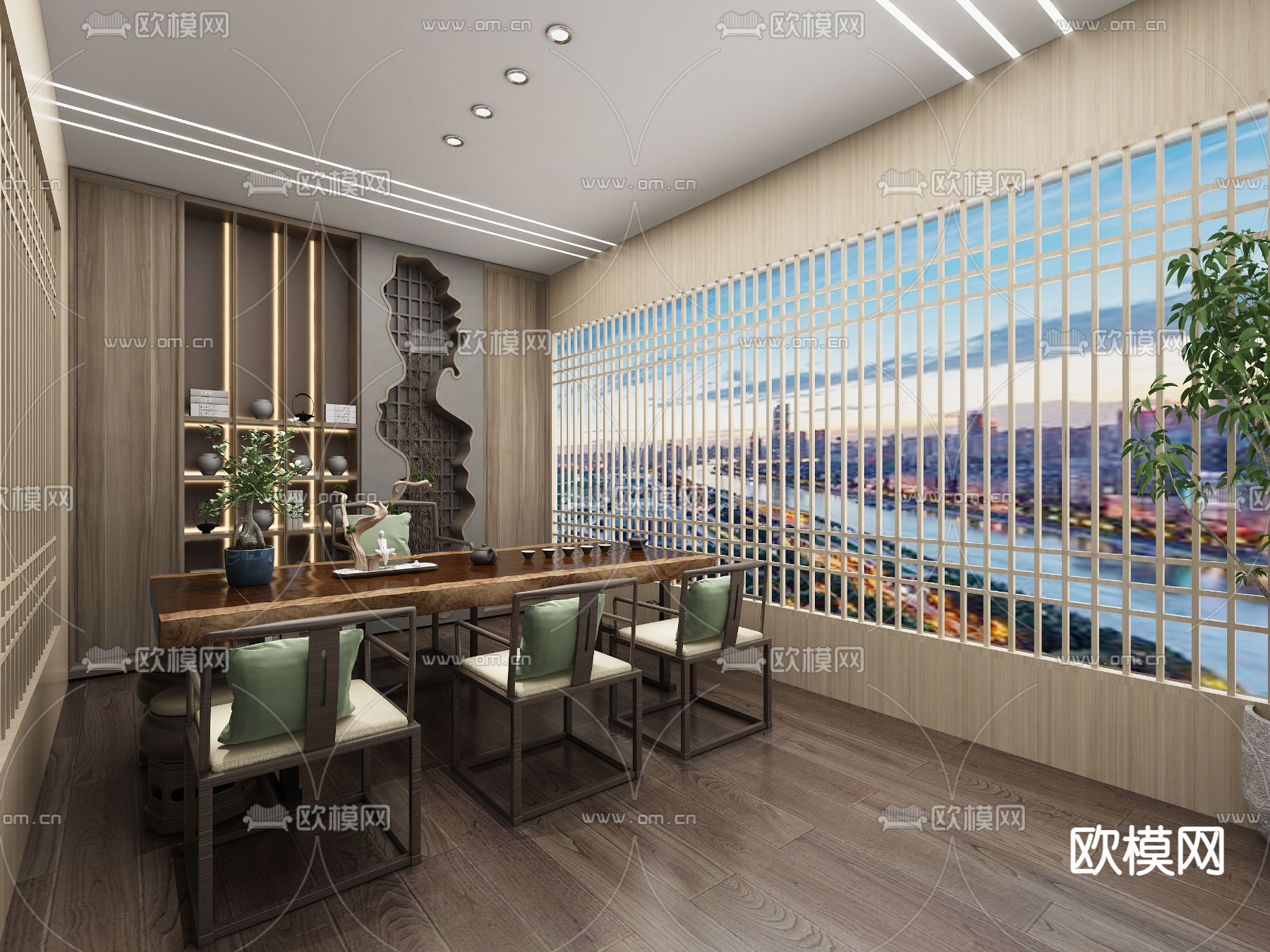 新中式 公司大堂 休息区3d模型下载（渲染图3）