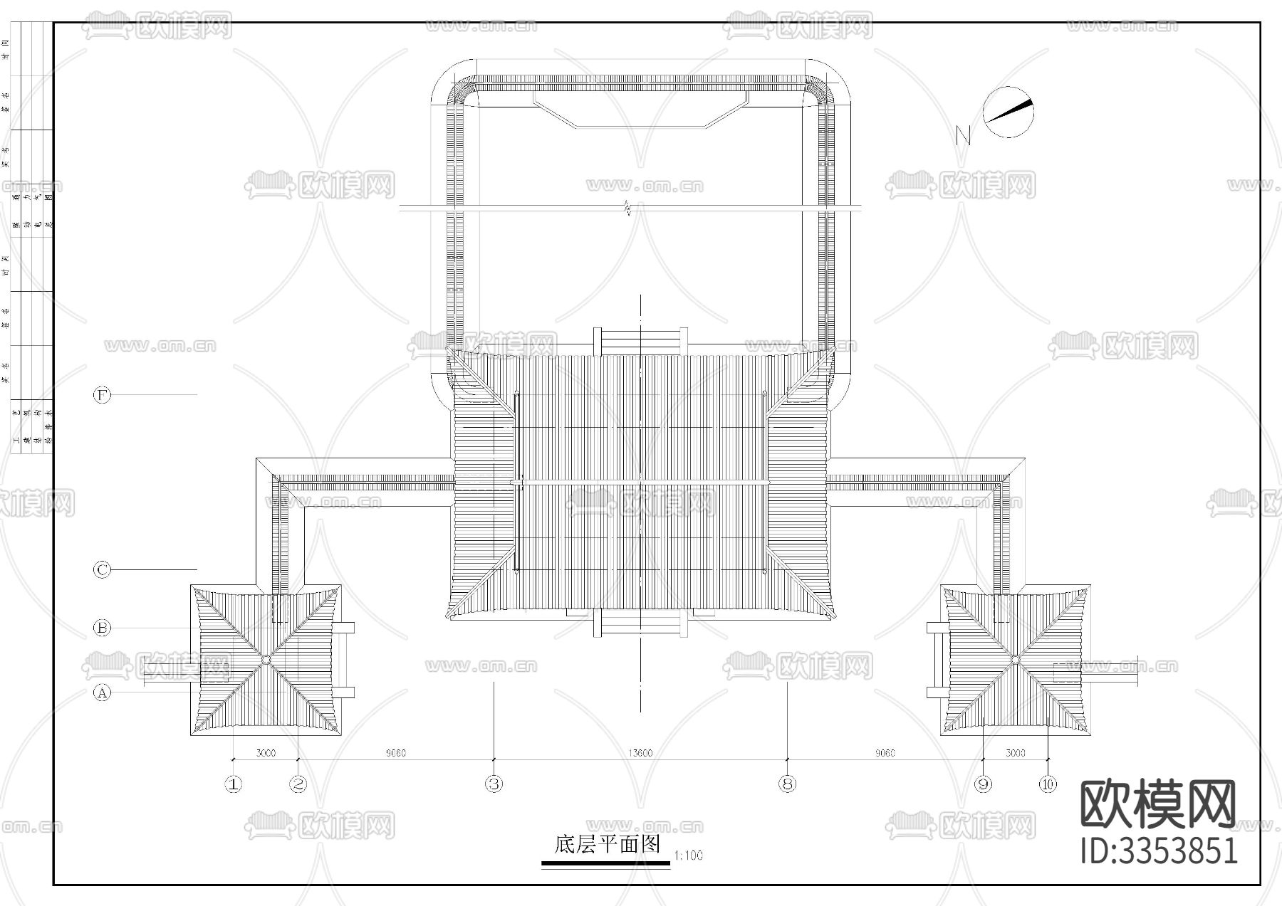 入口大门建筑cad平面图下载（渲染图2）