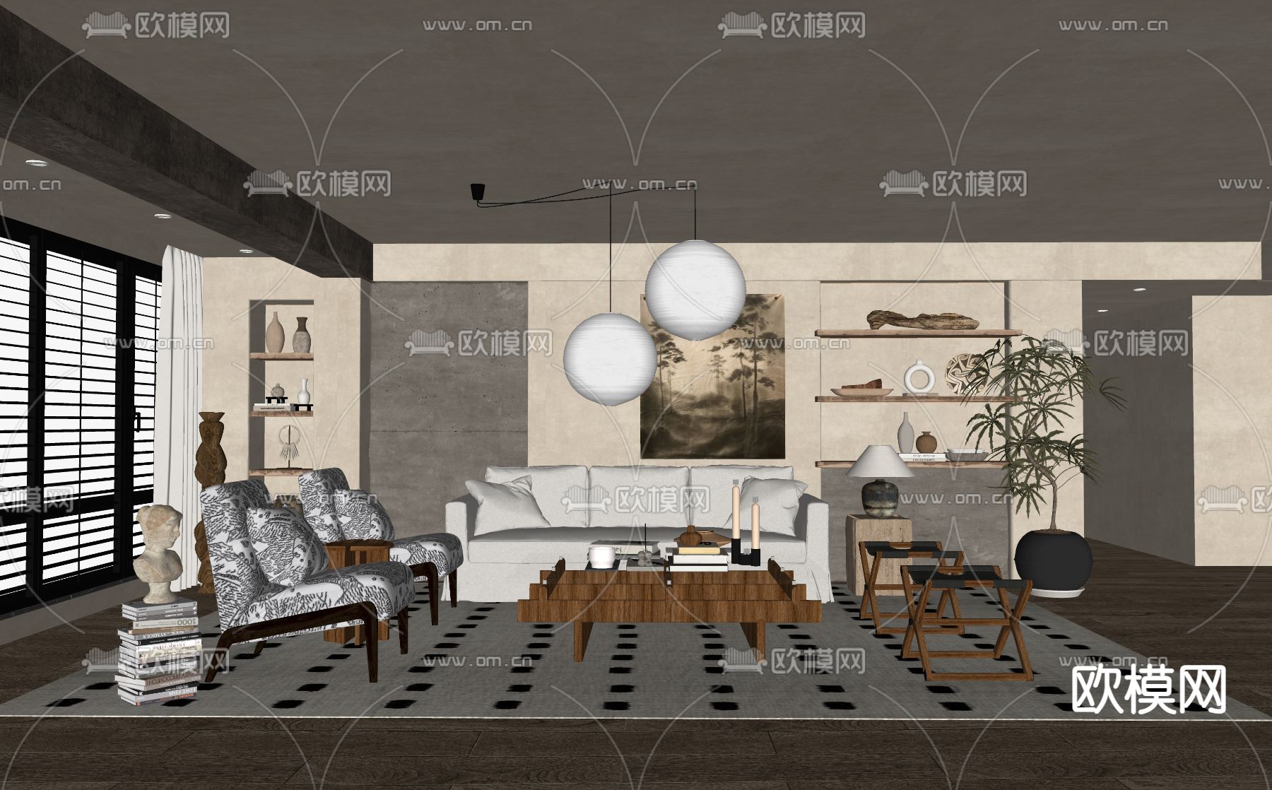 中古风客厅su模型下载（渲染图1）
