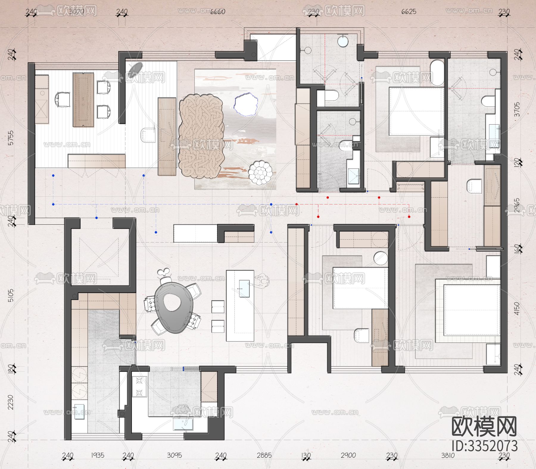 186平大平层两稿cad平面图下载（渲染图1）