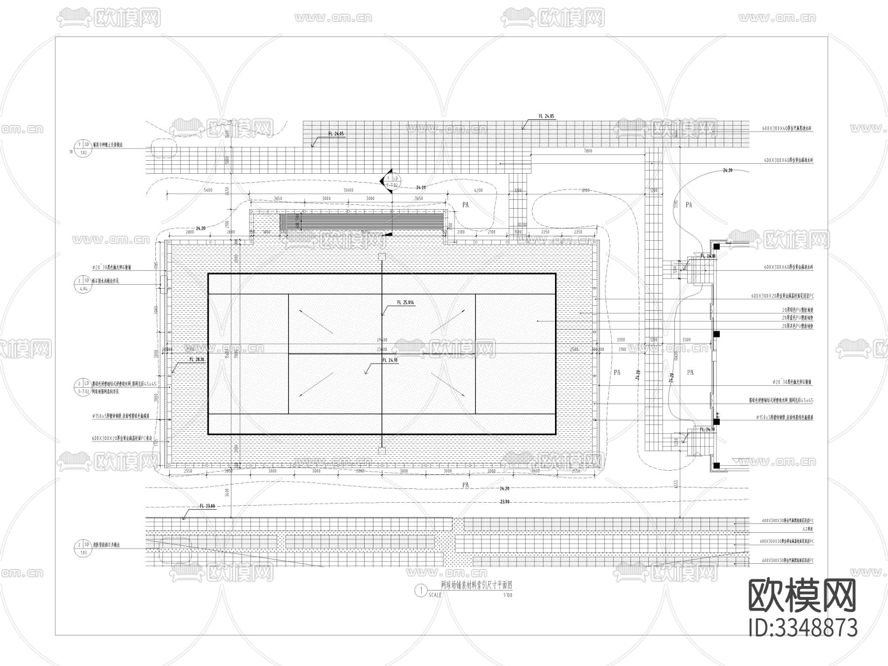 羽毛球场铺装cad大样图下载（渲染图1）