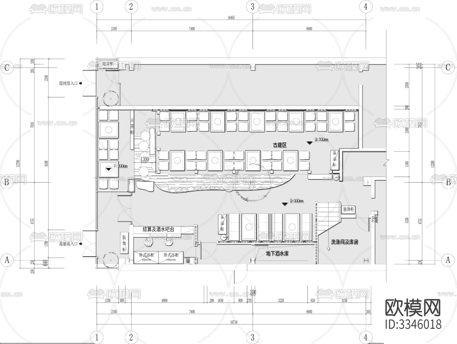 中式烧烤烤肉火锅店CAD平面图下载（渲染图1）