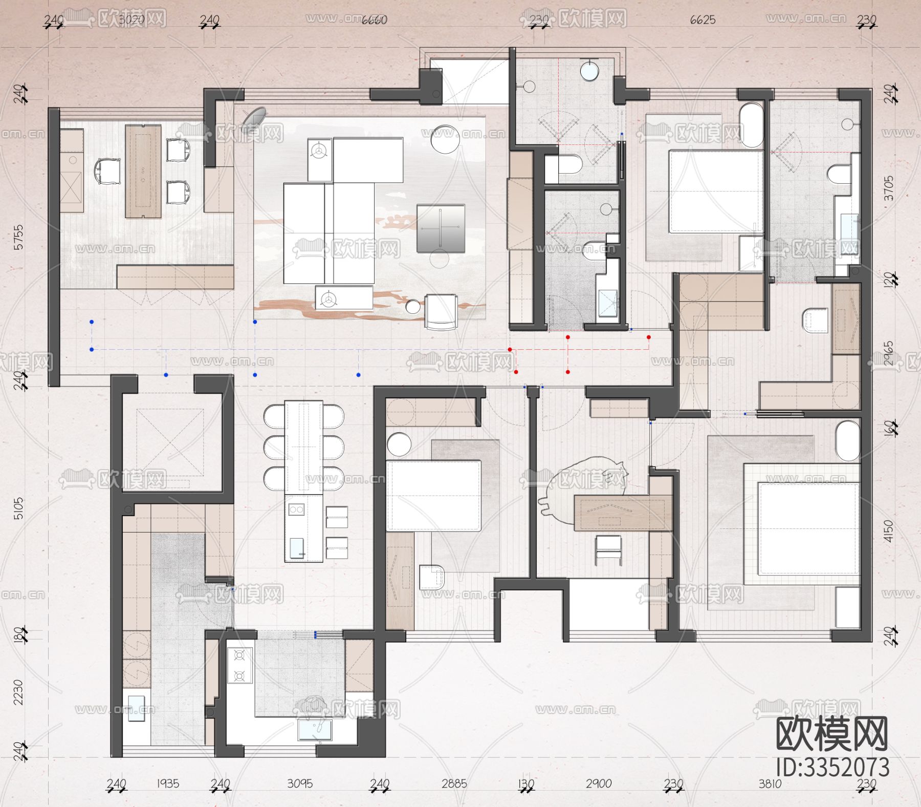 186平大平层两稿cad平面图下载（渲染图2）