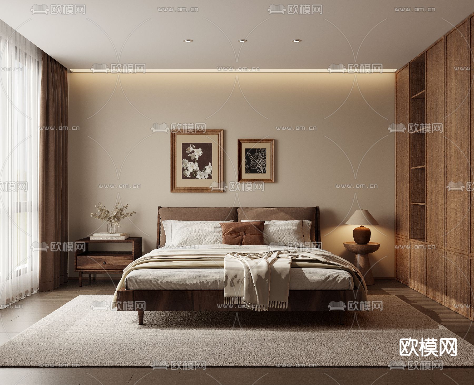 侘寂风卧室 主人房3d模型下载（渲染图1）