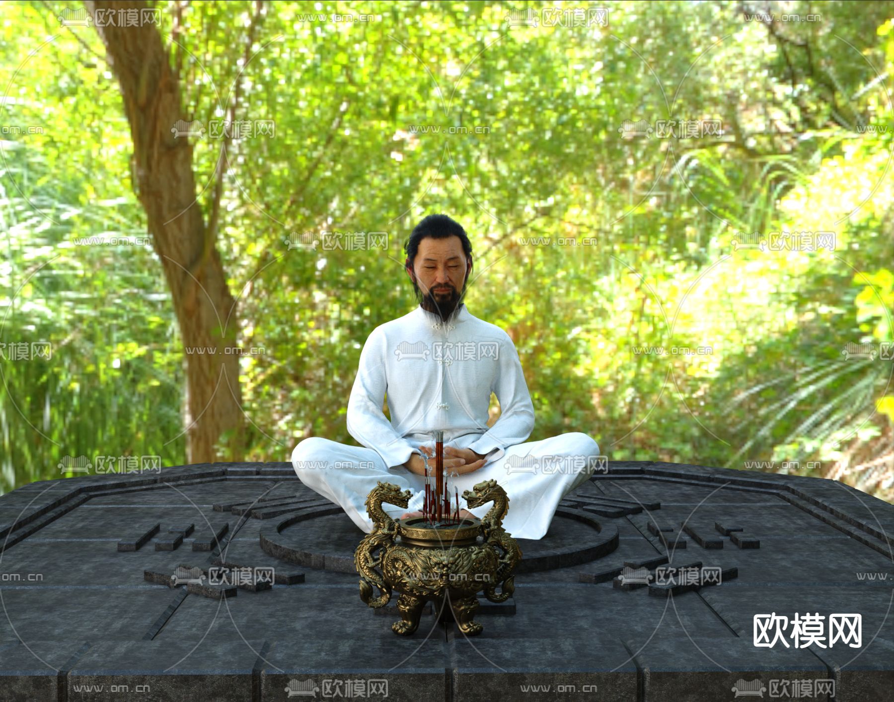 中式 打坐老人 人物3d模型下载