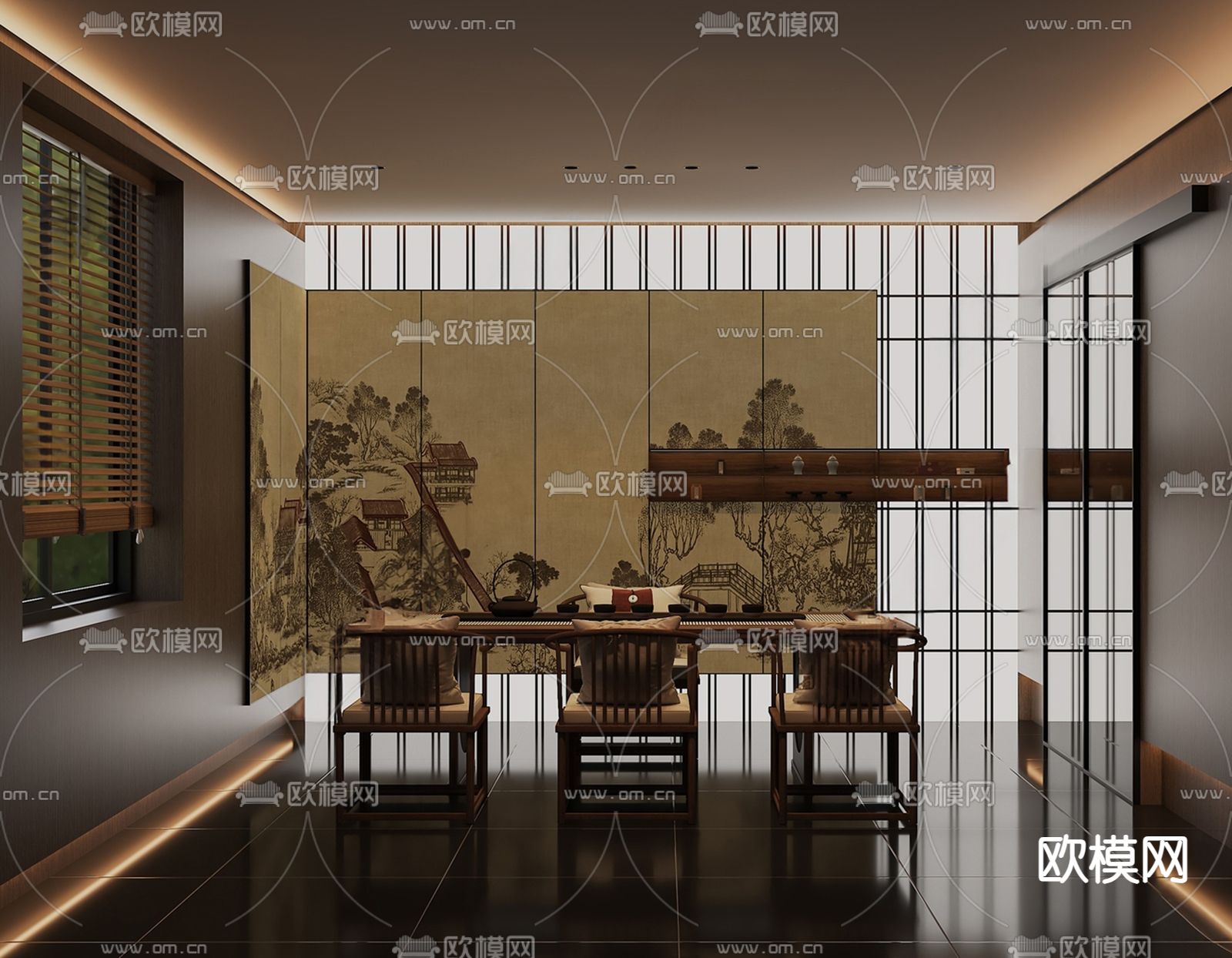 新中式茶馆 包间su模型下载（渲染图2）