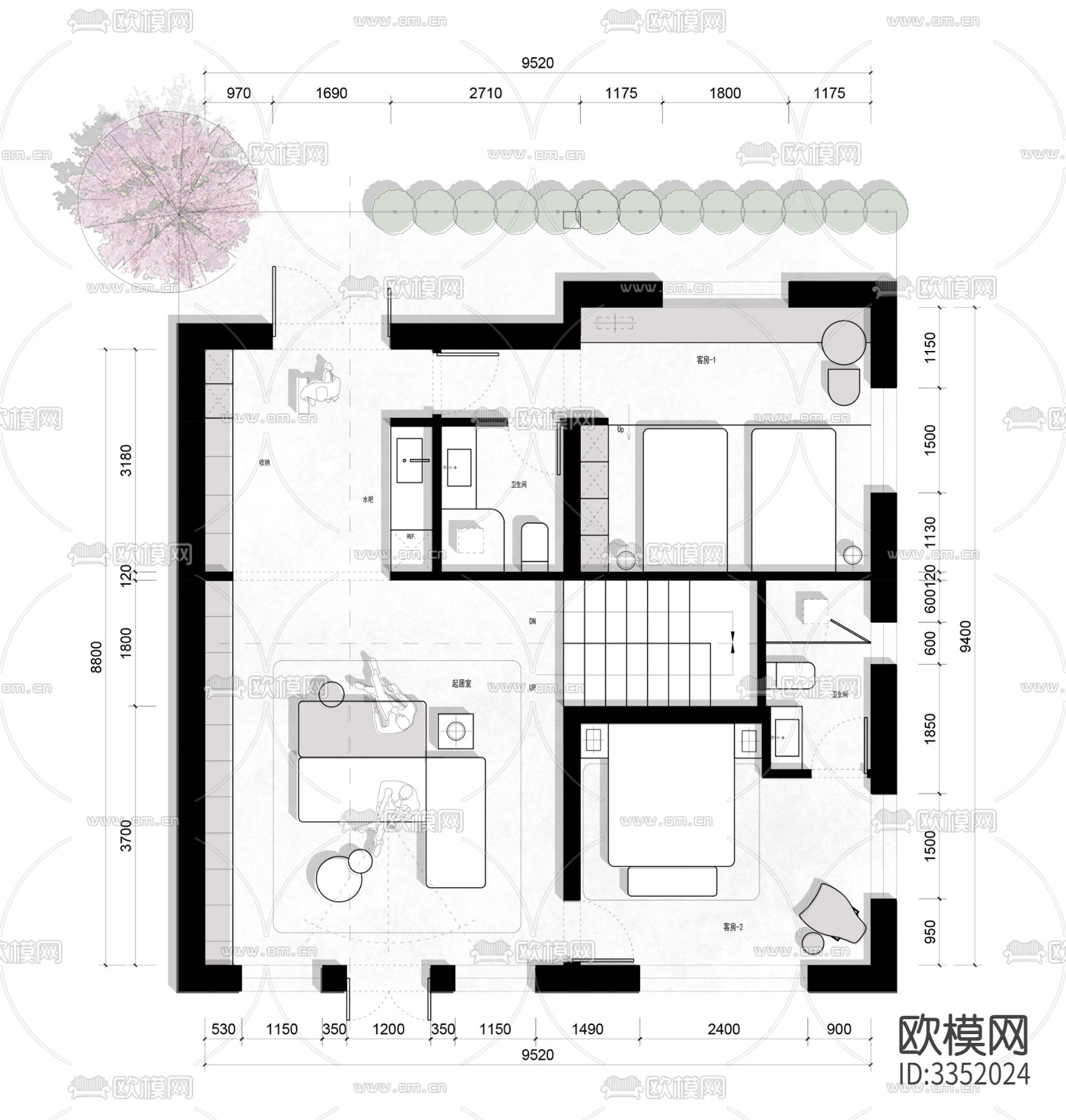 355㎡民宿改造cad平面图下载（渲染图1）