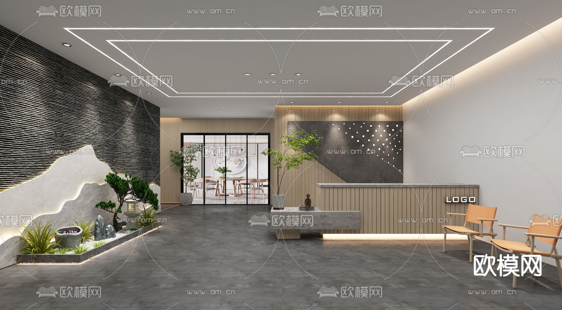 新中式 公司大堂 休息区3d模型下载（渲染图2）
