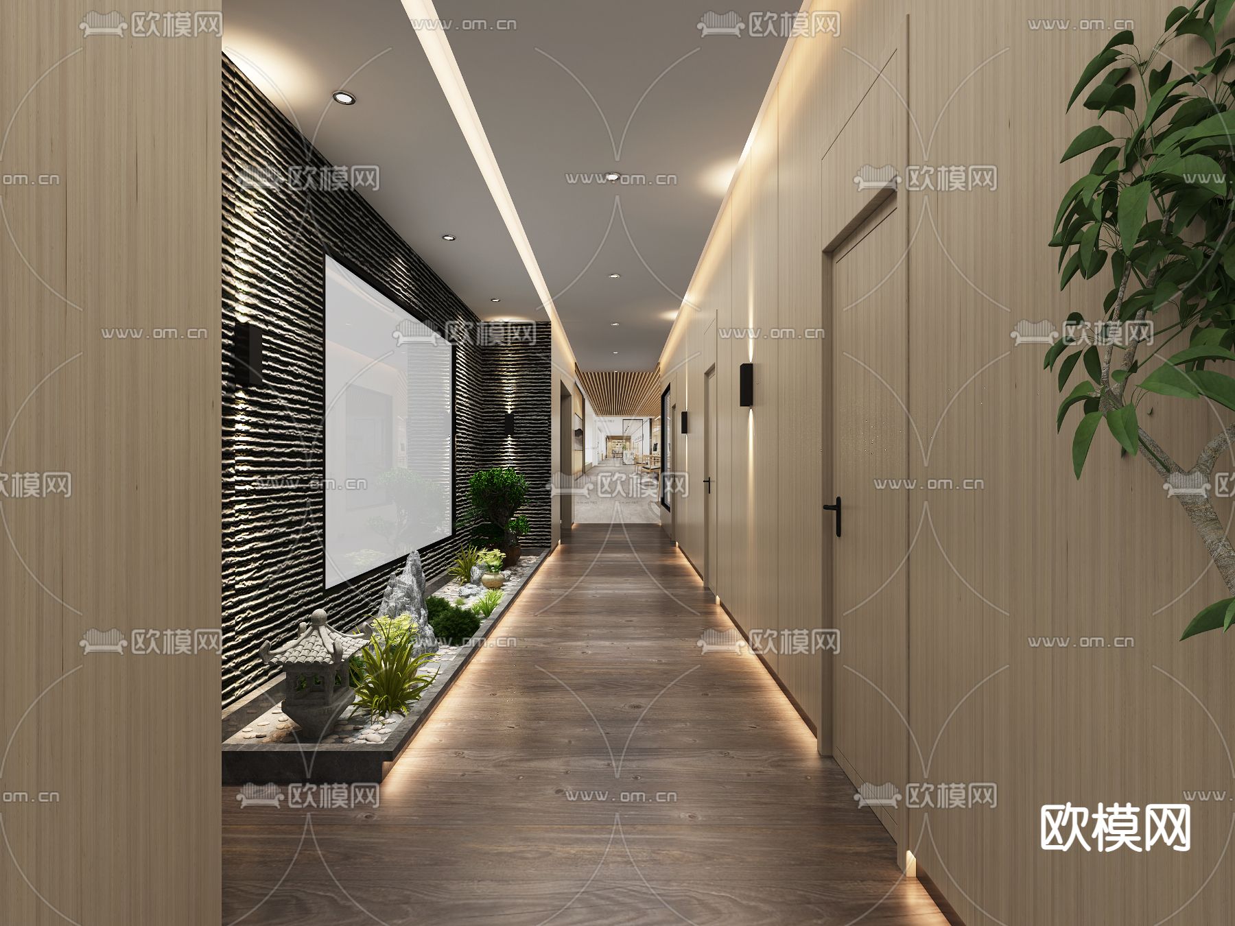 新中式 公司大堂 休息区3d模型下载（渲染图1）